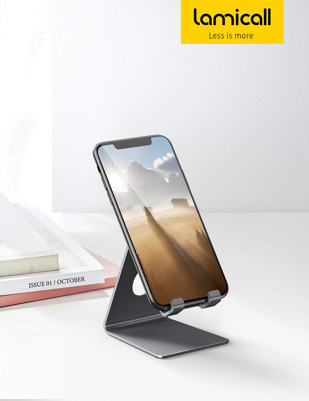 Lamicall Cell Phone Stand, Desk Accessories - Clear Office Cell Phone Holder, Acrylic Phone Stand, Desktop, Acrylic Office Desk Decor Accessories, Suitable for iPhone, 4-8'' Phone, Gifts