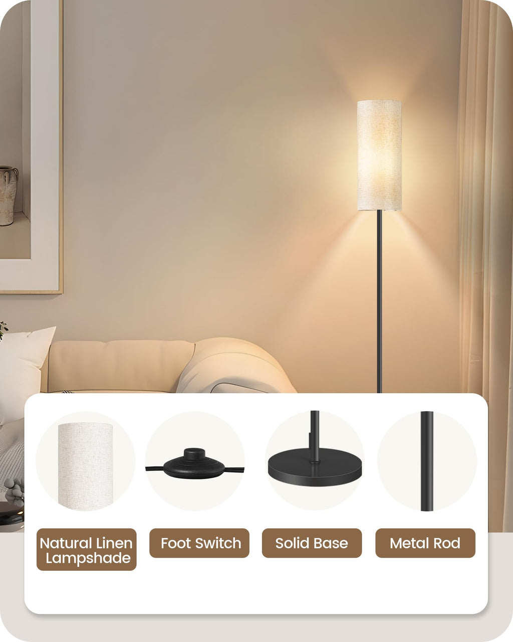 2 Pack Floor Lamp, Pole Lamp with Foot Switch, Modern Standing Lamp Lampshade, Minimalist Freestanding Lamp (Bulb Not Included), for Living Room, Bedroom Office, Black and Beige E07LDP205