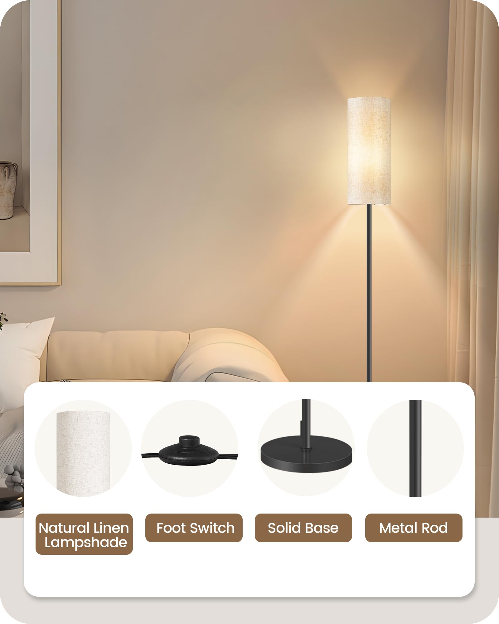 2 Pack Floor Lamp, Pole Lamp with Foot Switch, Modern Standing Lamp Lampshade, Minimalist Freestanding Lamp (Bulb Not Included), for Living Room, Bedroom Office, Black and Beige E07LDP205