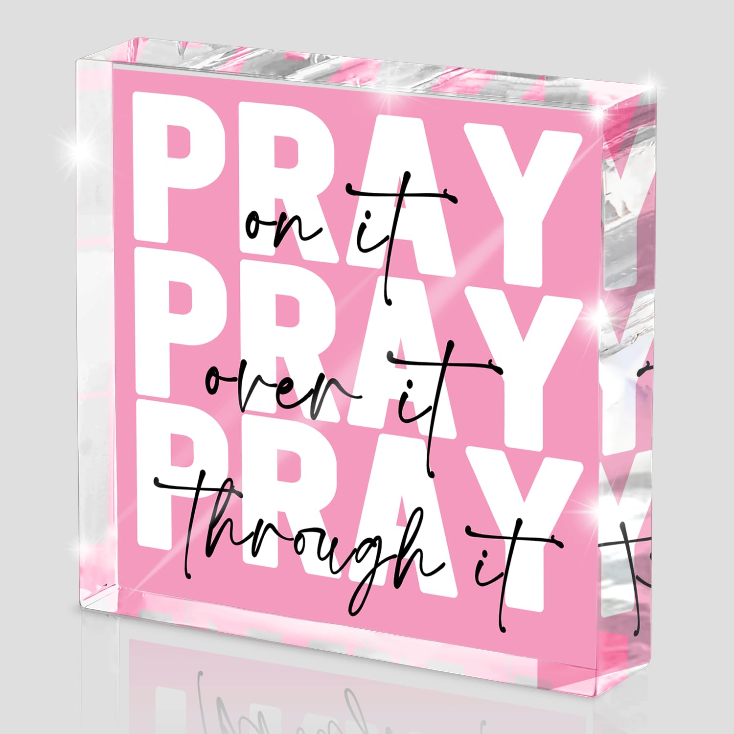 Pink Inspirational Decor Pray Over It Bible Verse Wall Art Christian Gifts for Women, 4x 4 Inches Office Desk Accessories Decor Sign, Pink Dorm Room Decoration for Women - Pray on it Pray through it