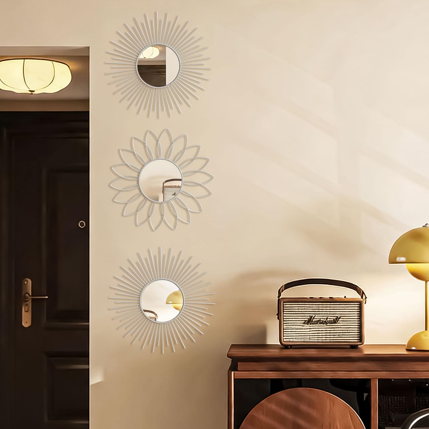 3 Pack Metal Mirrors for Wall Sunburst Wall Mirrors Home Décor Decorative Hanging Wall Art for Living Room Bedroom Entryway (Gold, Flower+Sunburst)