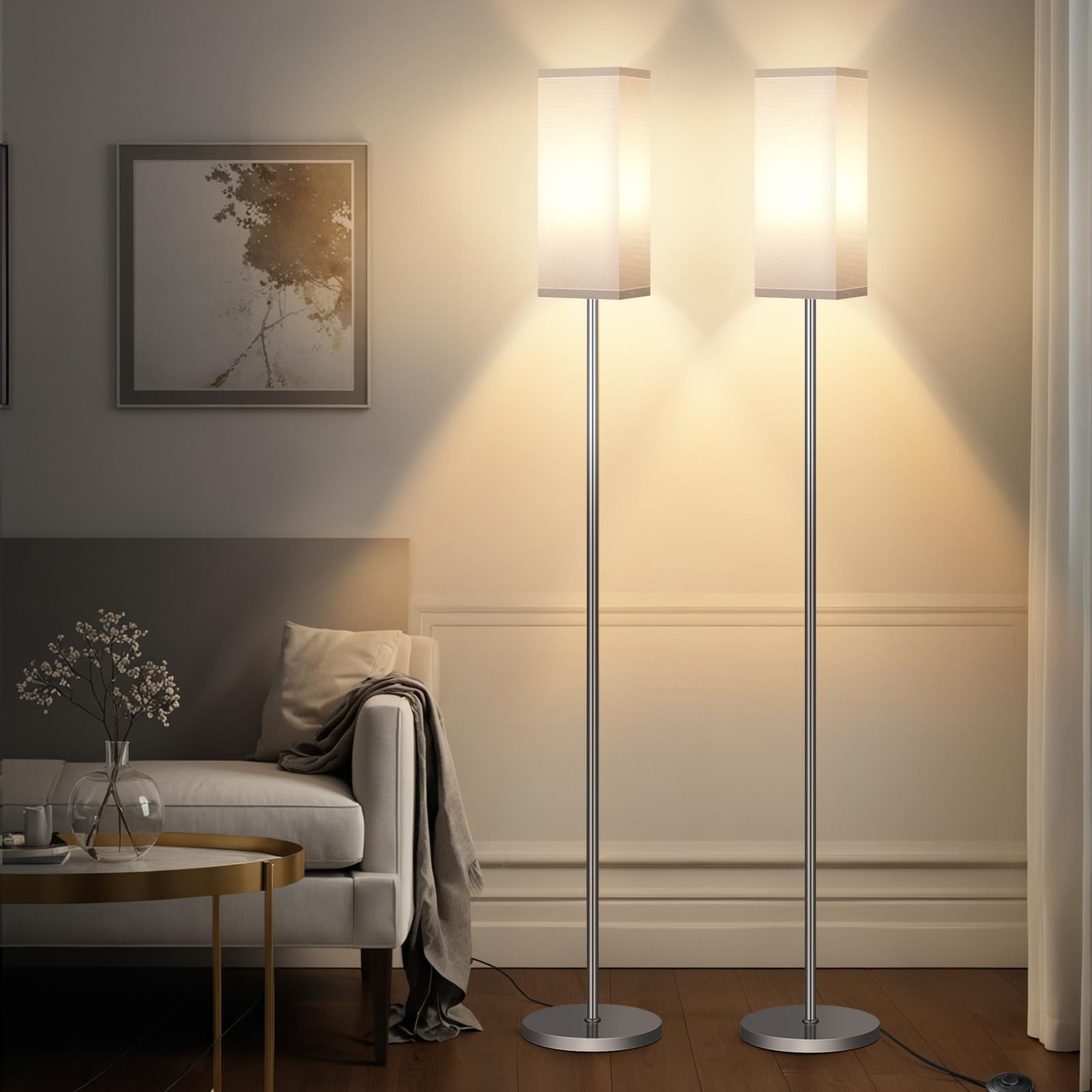 64.6" Floor Lamp, Pole with Foot Switch, Modern Standing Lamp Lampshade, Minimalist Freestanding Lamp (Bulb Not Included), for Living Room, Bedroom Office ETL Listed, Black and Beige E07LD05