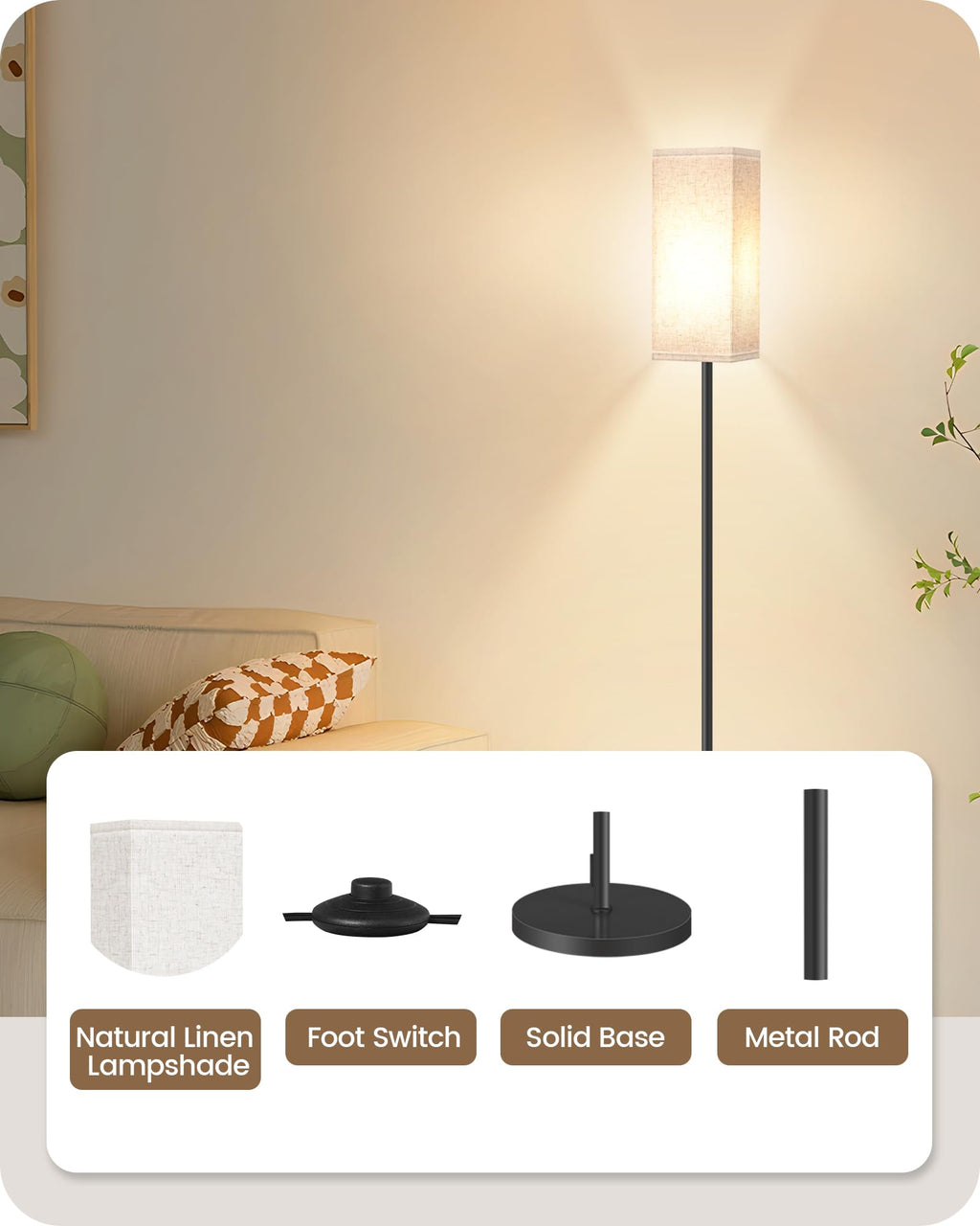 2 Pack Floor Lamp, Pole Lamp with Foot Switch, Modern Standing Lamp Lampshade, Minimalist Freestanding Lamp (Bulb Not Included), for Living Room, Bedroom Office, Black and Beige E07LDP205