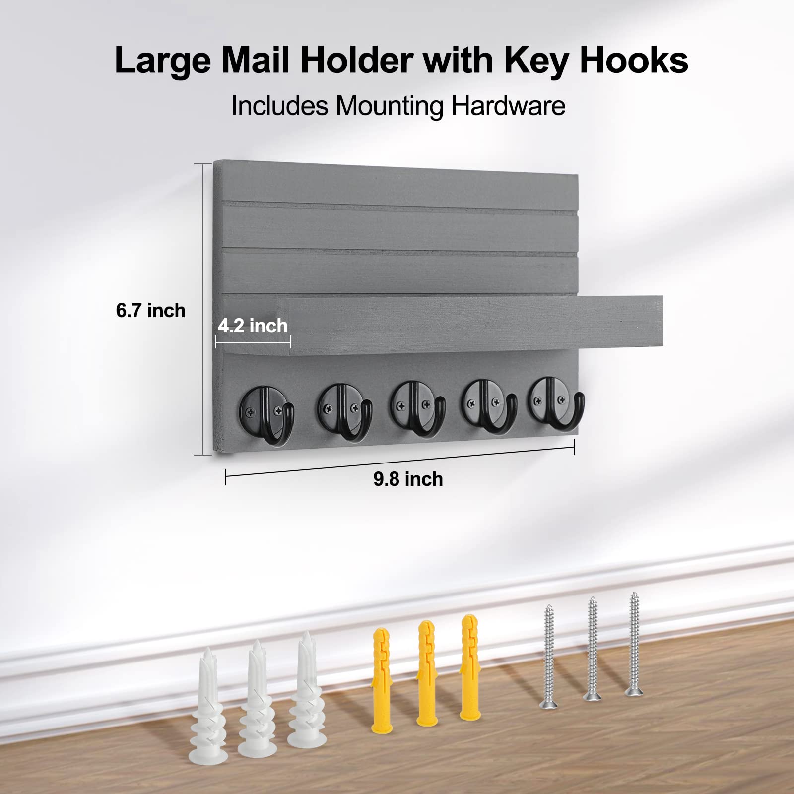 Lwenki Key Holder for Wall, Decorative Key and Mail Holder with Shelf Has Large Hooks for Bags, Coats, Umbrella – Paulownia Wood Key Hanger with Mounting Hardware (9.8”W x 6.7”H x 4.2”D)