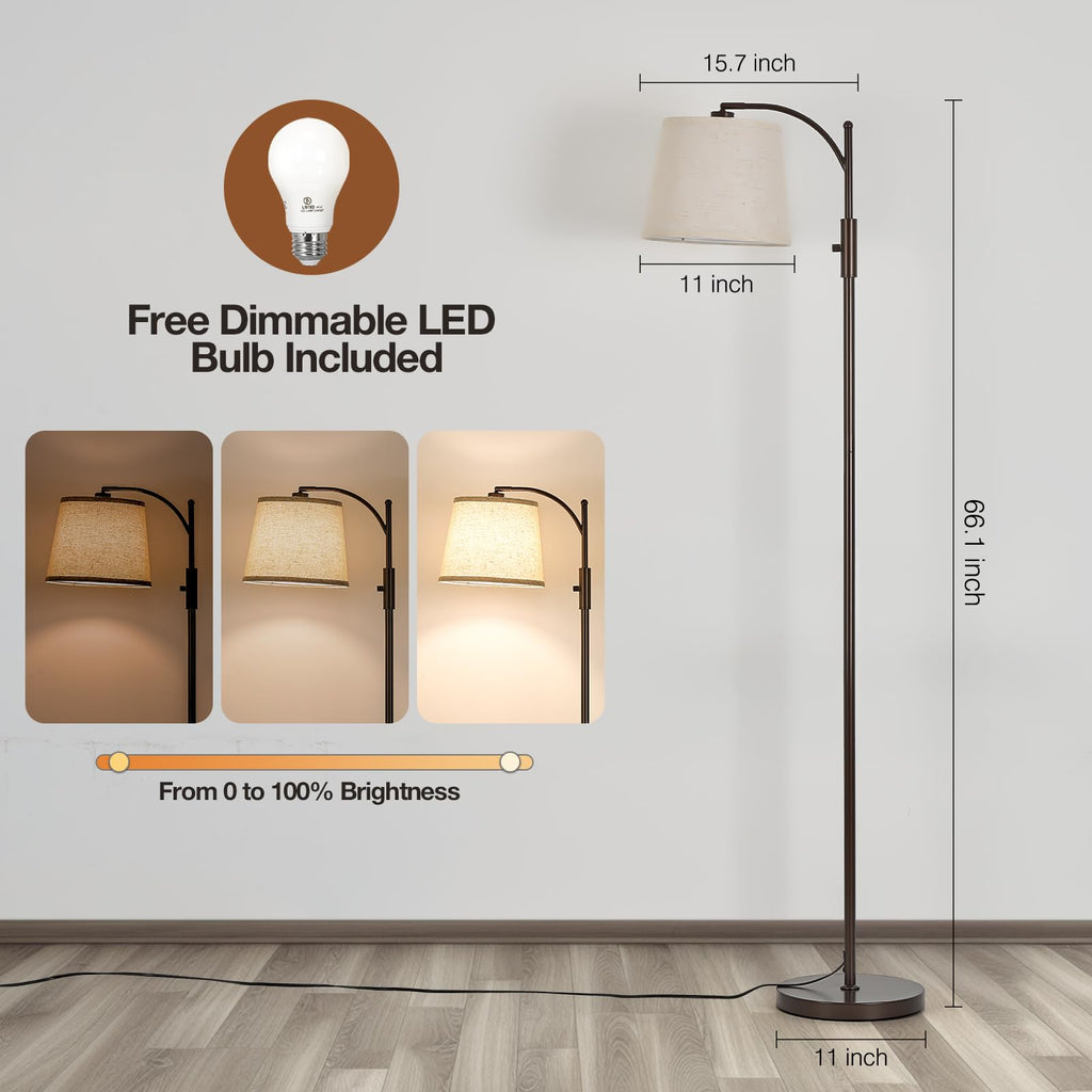 AIDENOEY Fully Dimmable Floor Lamp for Living Room，Standing Lamp Rotary Switch with Table&Linen Beige Shade，Golden Tall Lamps for Bedroom with Adjust Head，9W LED Bulb Included