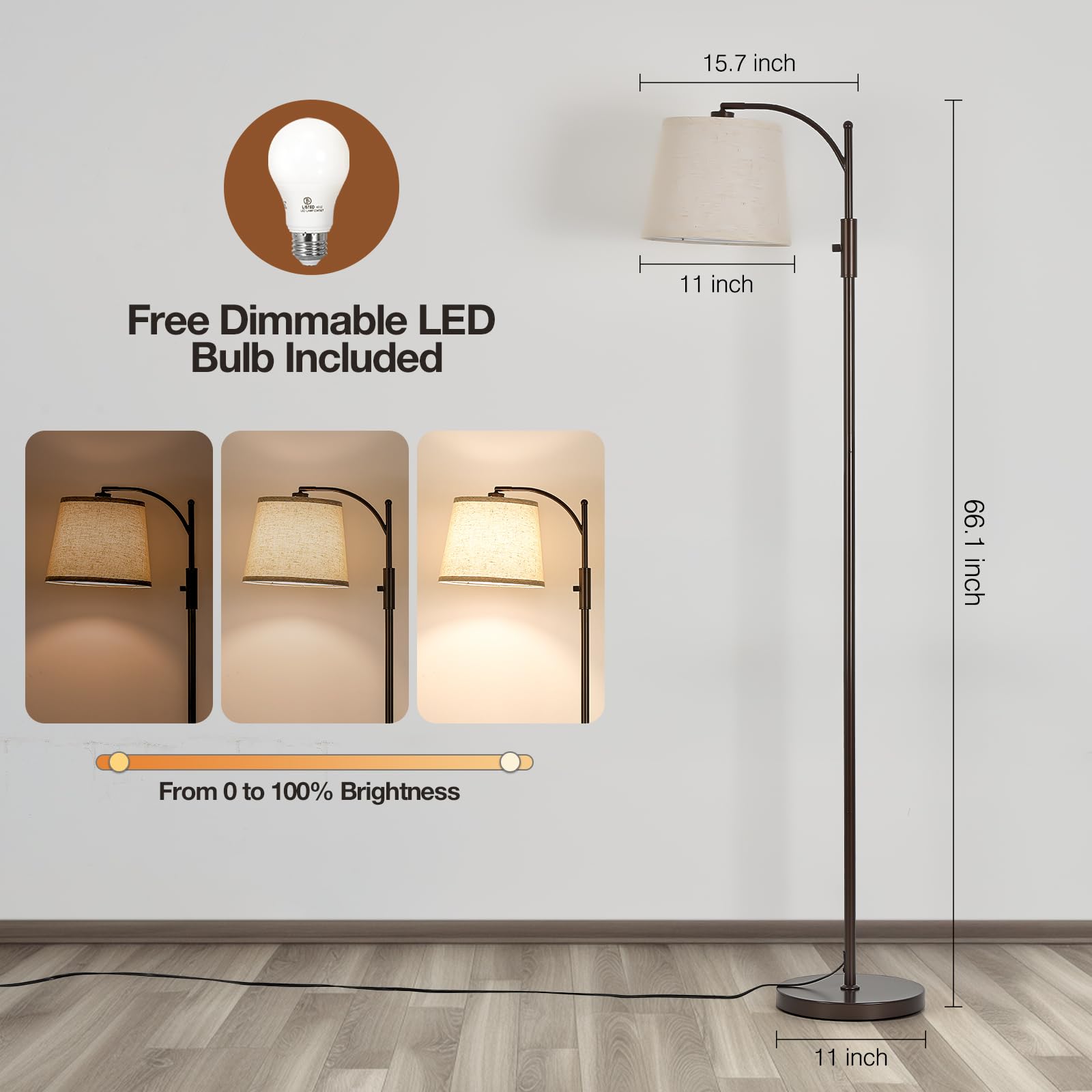 AIDENOEY Fully Dimmable Floor Lamp for Living Room，Standing Lamp Rotary Switch with Table&Linen Beige Shade，Golden Tall Lamps for Bedroom with Adjust Head，9W LED Bulb Included