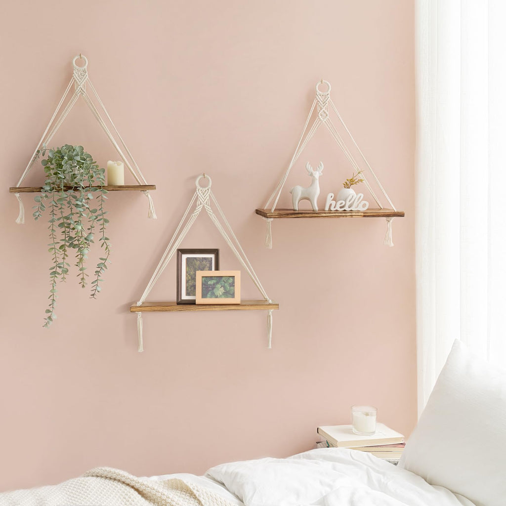Mkono Macrame Hanging Shelves Boho Wall Decor Set of 2 Rustic Wood Floating Storage Shelf for Bedroom Bathroom Living Room Nursery Dorm Room, Display Shelving for Hanging Plants Photos