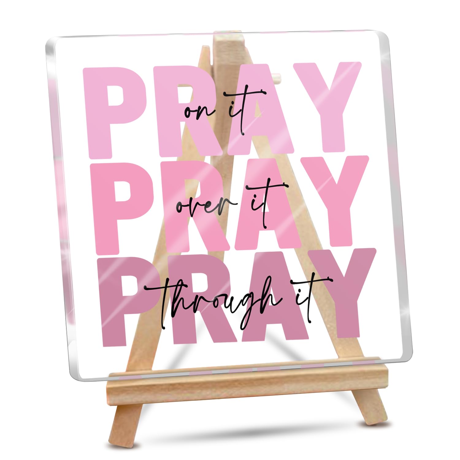 Pink Inspirational Decor Pray Over It Bible Verse Wall Art Christian Gifts for Women, 4x 4 Inches Office Desk Accessories Decor Sign, Pink Dorm Room Decoration for Women - Pray on it Pray through it
