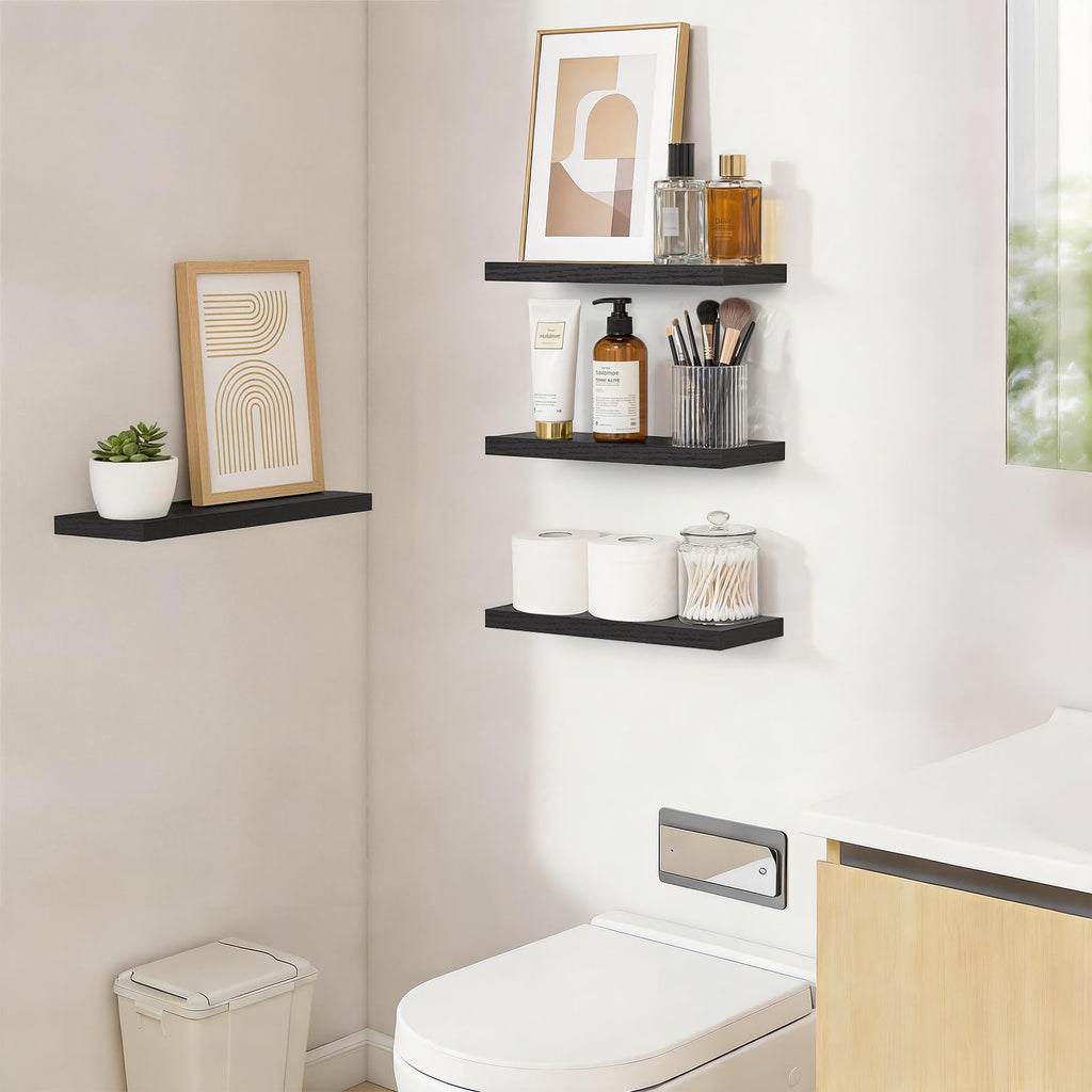 BAYKA Floating Shelves for Wall, Wall Mounted Rustic Wood Shelves for Bathroom, Bedroom, Living Room, Kitchen, Hanging Shelf for Books/Storage/Room Decor with 22lbs Capacity (Black, Set of 3, 15.7in)