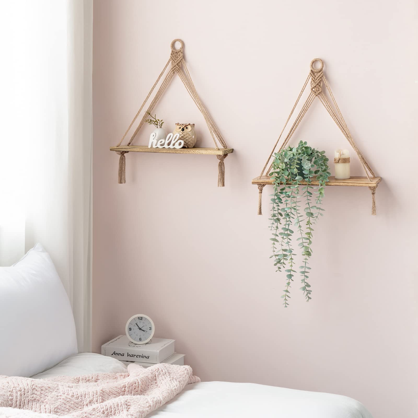 Mkono Macrame Hanging Shelves Boho Wall Decor Set of 2 Rustic Wood Floating Storage Shelf for Bedroom Bathroom Living Room Nursery Dorm Room, Display Shelving for Hanging Plants Photos