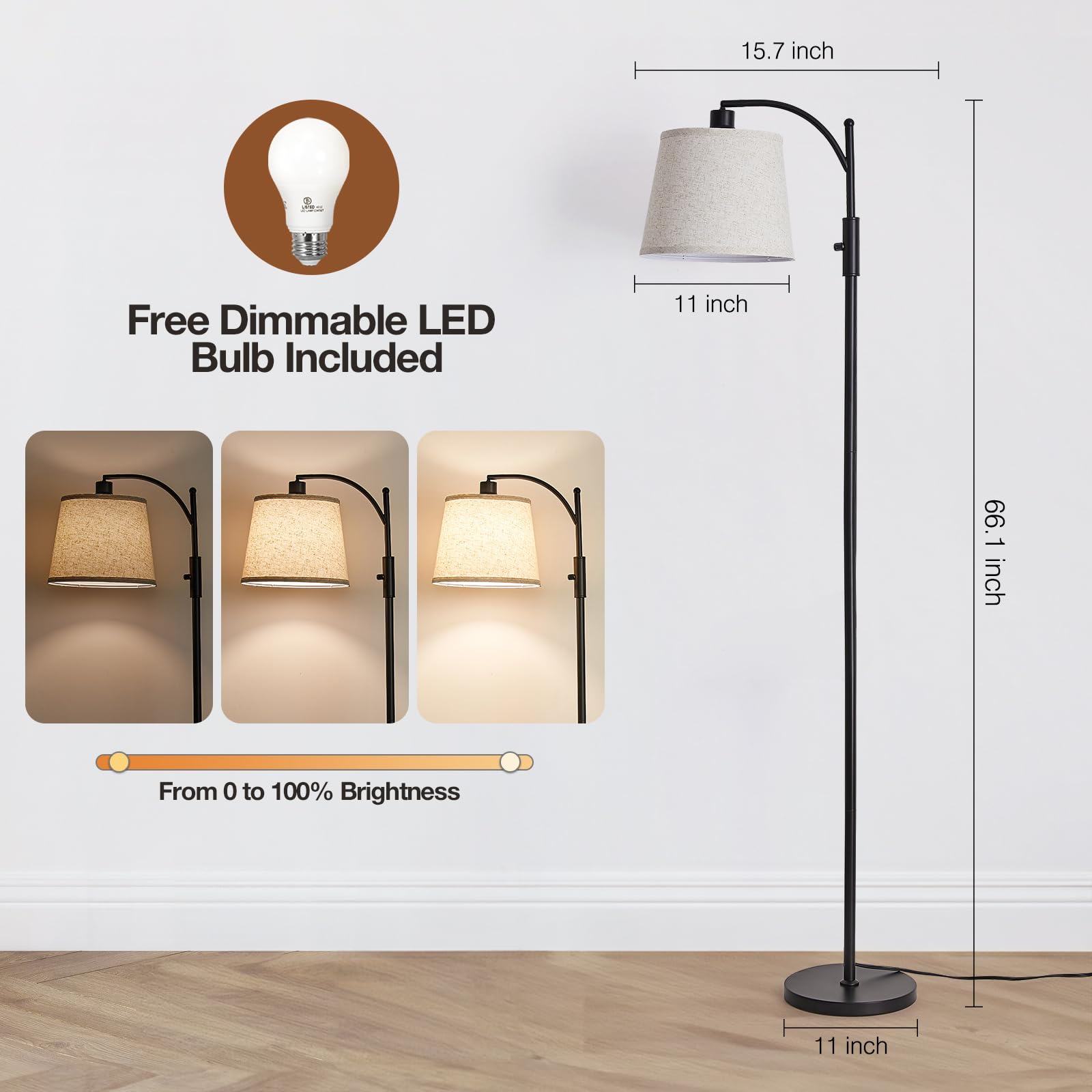AIDENOEY Fully Dimmable Floor Lamp for Living Room，Standing Lamp Rotary Switch with Table&Linen Beige Shade，Golden Tall Lamps for Bedroom with Adjust Head，9W LED Bulb Included