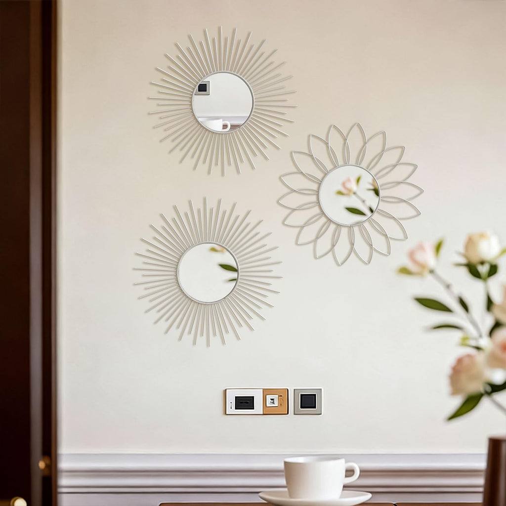 3 Pack Metal Mirrors for Wall Sunburst Wall Mirrors Home Décor Decorative Hanging Wall Art for Living Room Bedroom Entryway (Gold, Flower+Sunburst)