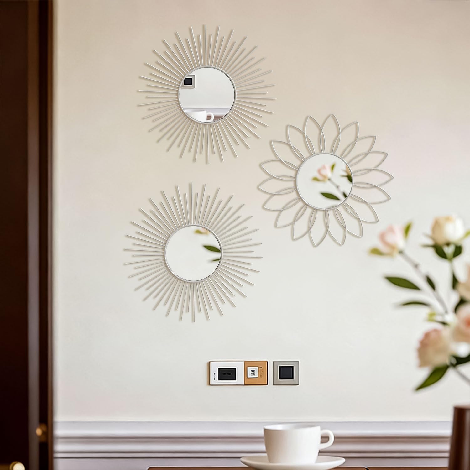 3 Pack Metal Mirrors for Wall Sunburst Wall Mirrors Home Décor Decorative Hanging Wall Art for Living Room Bedroom Entryway (Gold, Flower+Sunburst)