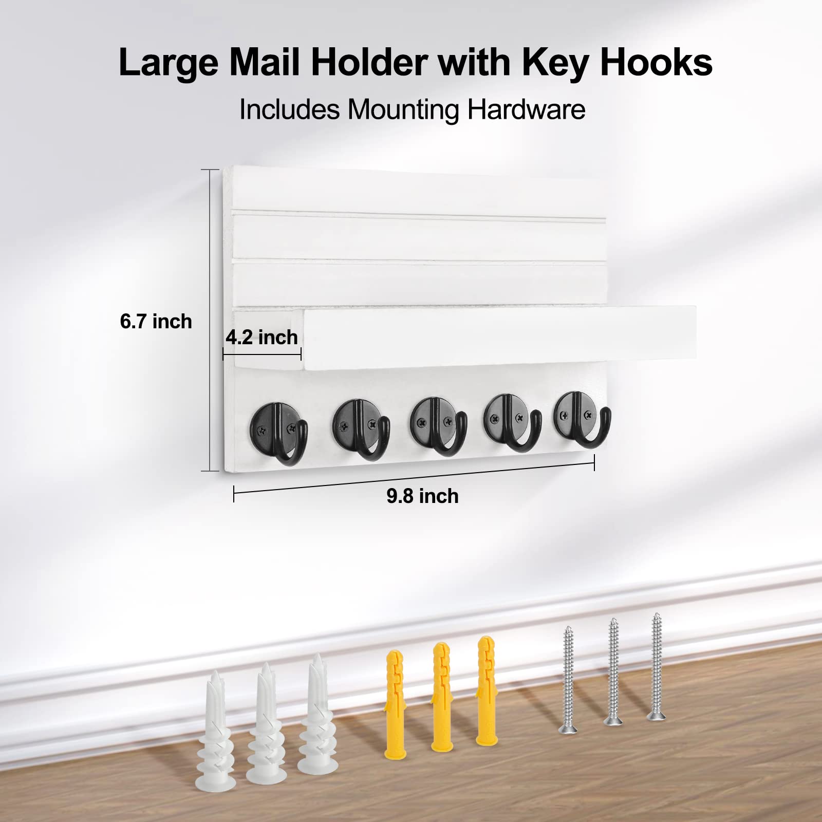 Lwenki Key Holder for Wall, Decorative Key and Mail Holder with Shelf Has Large Hooks for Bags, Coats, Umbrella – Paulownia Wood Key Hanger with Mounting Hardware (9.8”W x 6.7”H x 4.2”D)