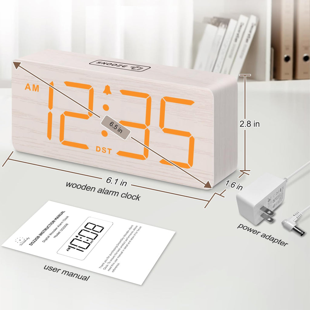 DreamSky Wooden Digital Alarm Clock for Bedroom - Desk Clock for Living Room with Large Numbers, Dimmer, Loud Alarm for Heavy Sleepers with Volume Control, DST, Office Wood Decor (Plug in Clock)