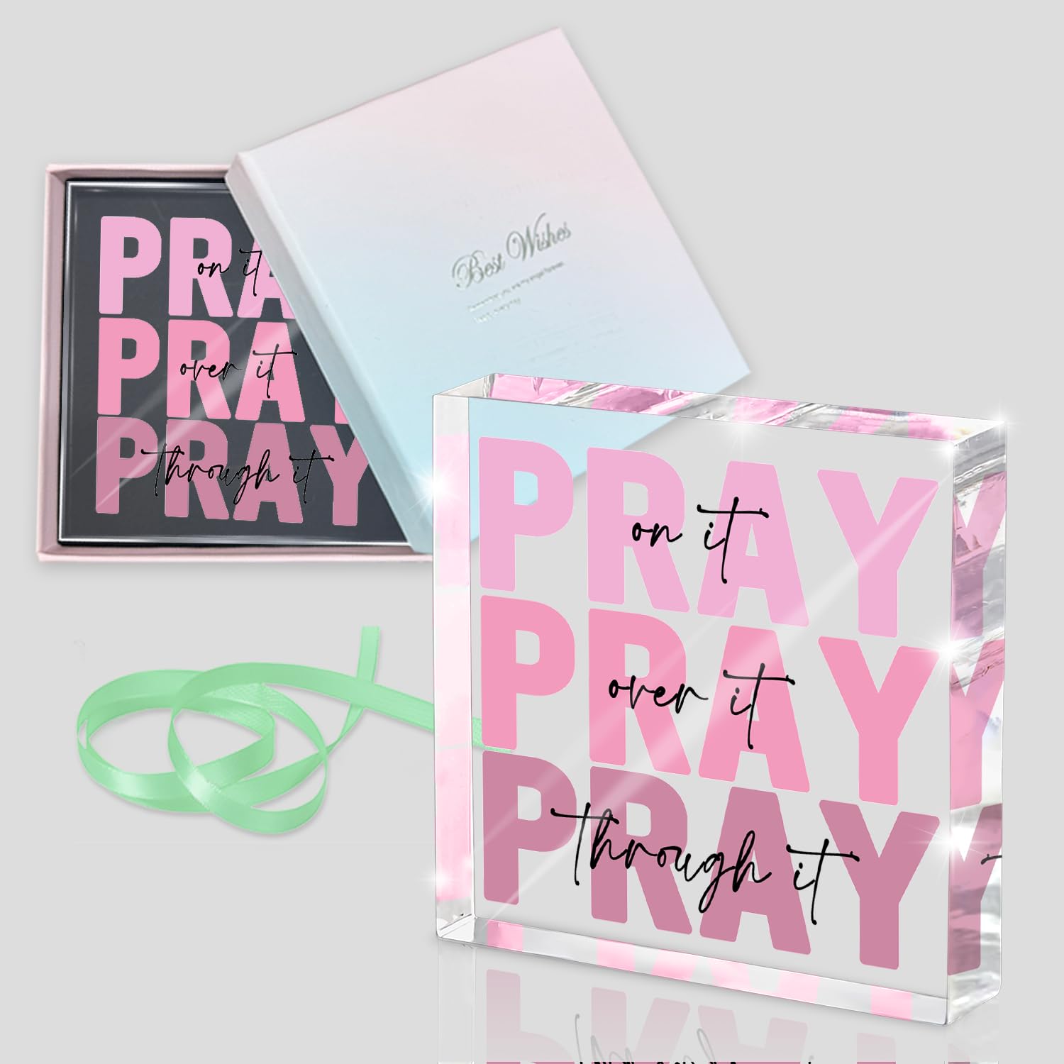 Pink Inspirational Decor Pray Over It Bible Verse Wall Art Christian Gifts for Women, 4x 4 Inches Office Desk Accessories Decor Sign, Pink Dorm Room Decoration for Women - Pray on it Pray through it