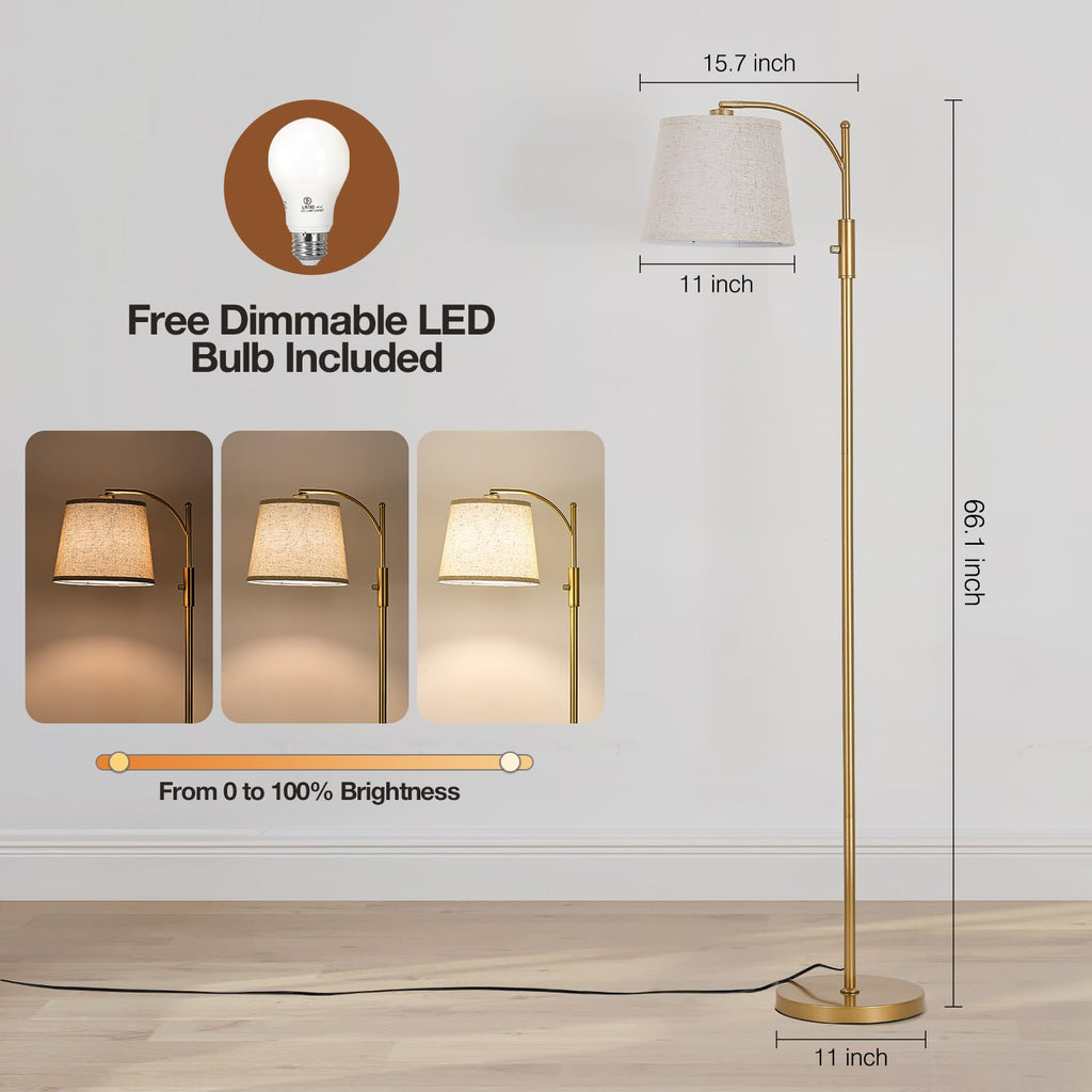 AIDENOEY Fully Dimmable Floor Lamp for Living Room，Standing Lamp Rotary Switch with Table&Linen Beige Shade，Golden Tall Lamps for Bedroom with Adjust Head，9W LED Bulb Included