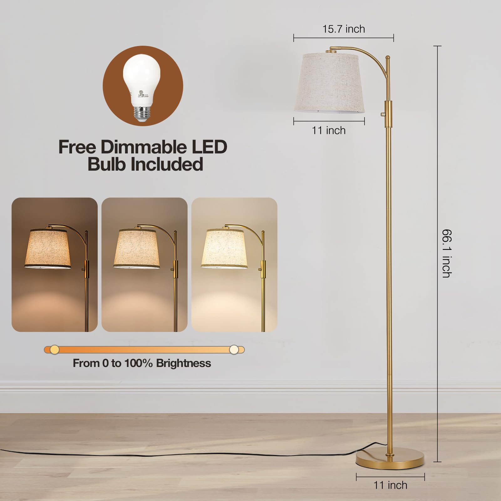 AIDENOEY Fully Dimmable Floor Lamp for Living Room，Standing Lamp Rotary Switch with Table&Linen Beige Shade，Golden Tall Lamps for Bedroom with Adjust Head，9W LED Bulb Included