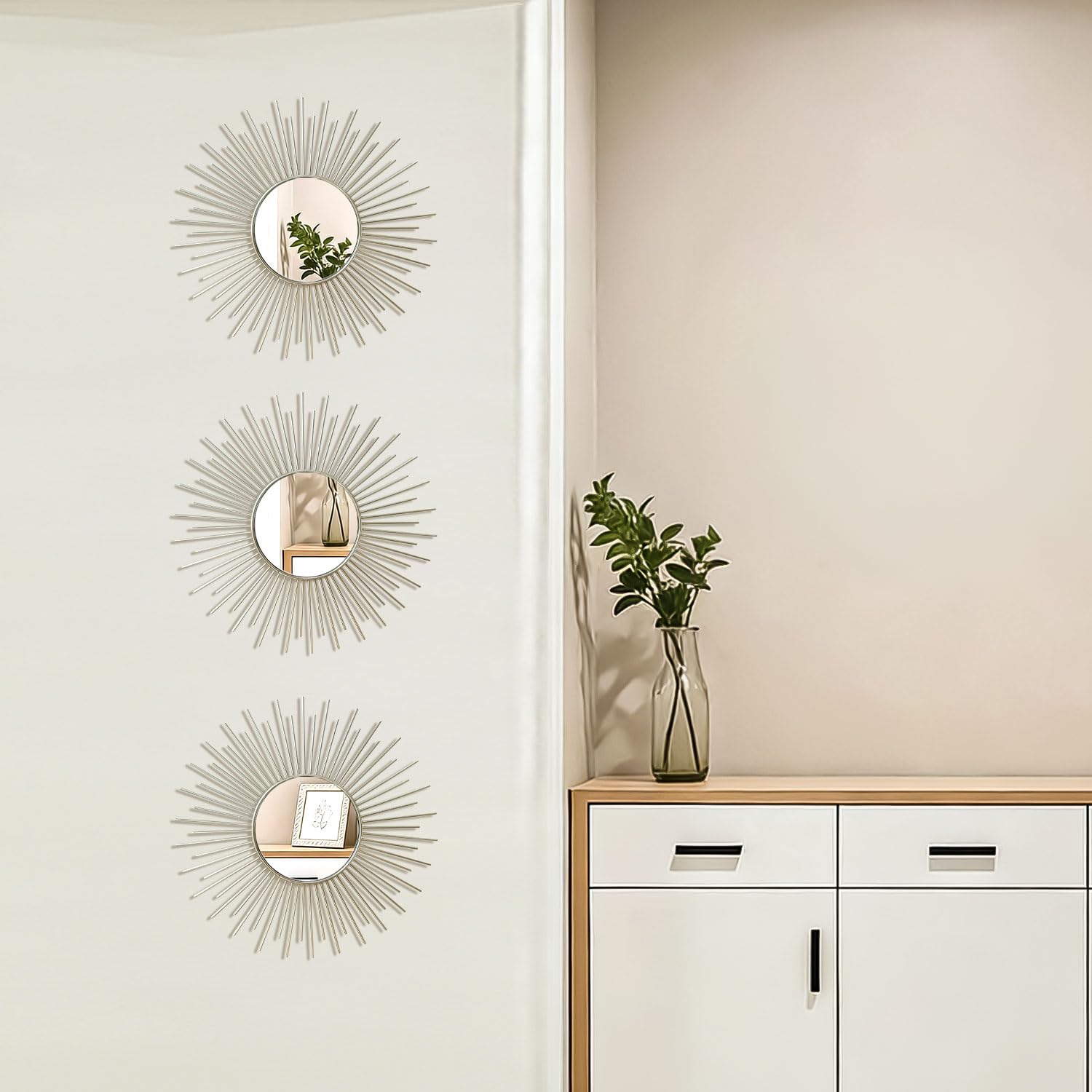 3 Pack Metal Mirrors for Wall Sunburst Wall Mirrors Home Décor Decorative Hanging Wall Art for Living Room Bedroom Entryway (Gold, Flower+Sunburst)