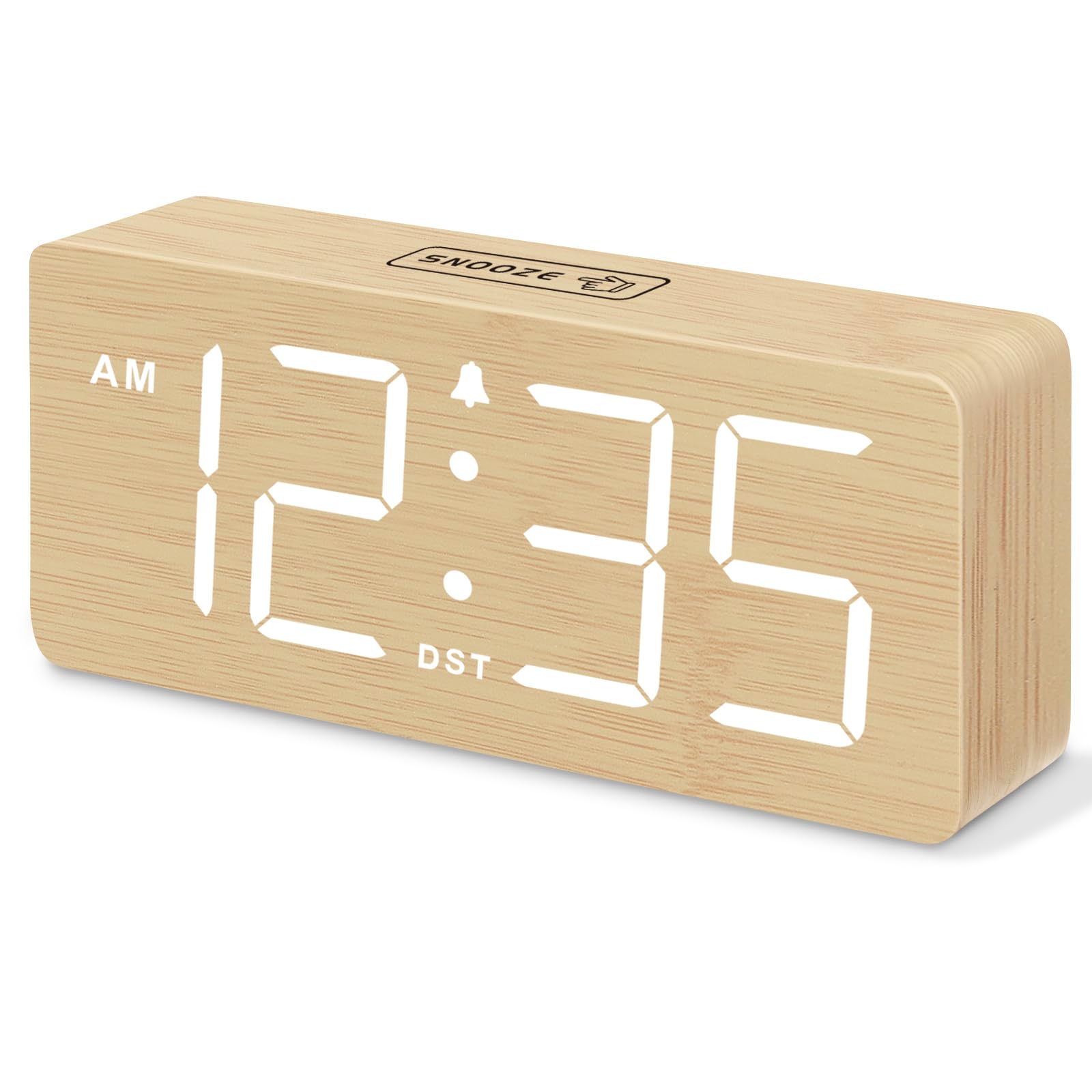 DreamSky Wooden Digital Alarm Clock for Bedroom - Desk Clock for Living Room with Large Numbers, Dimmer, Loud Alarm for Heavy Sleepers with Volume Control, DST, Office Wood Decor (Plug in Clock)