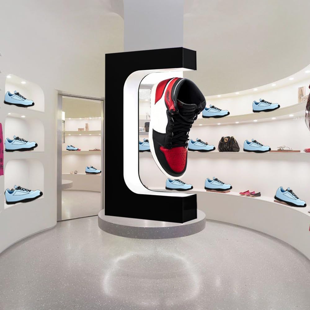 Floating Shoe Display Magnetic Levitating Sneaker Stand Holder Rotation Acrylic Rack with LED Light for Gift Advertising Exhibition Storefront shop up to Size 13 Big Shoes (Black Without Shoe)