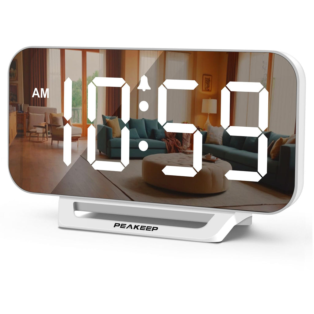 Peakeep Slim Digital Mirror Aesthetic Alarm Clock for Bedrooms Desk Decor - Plug in Electric Big LED Modern Small Clock for Office Living Room, Battery Backup, 6 Dimmers (Gold)
