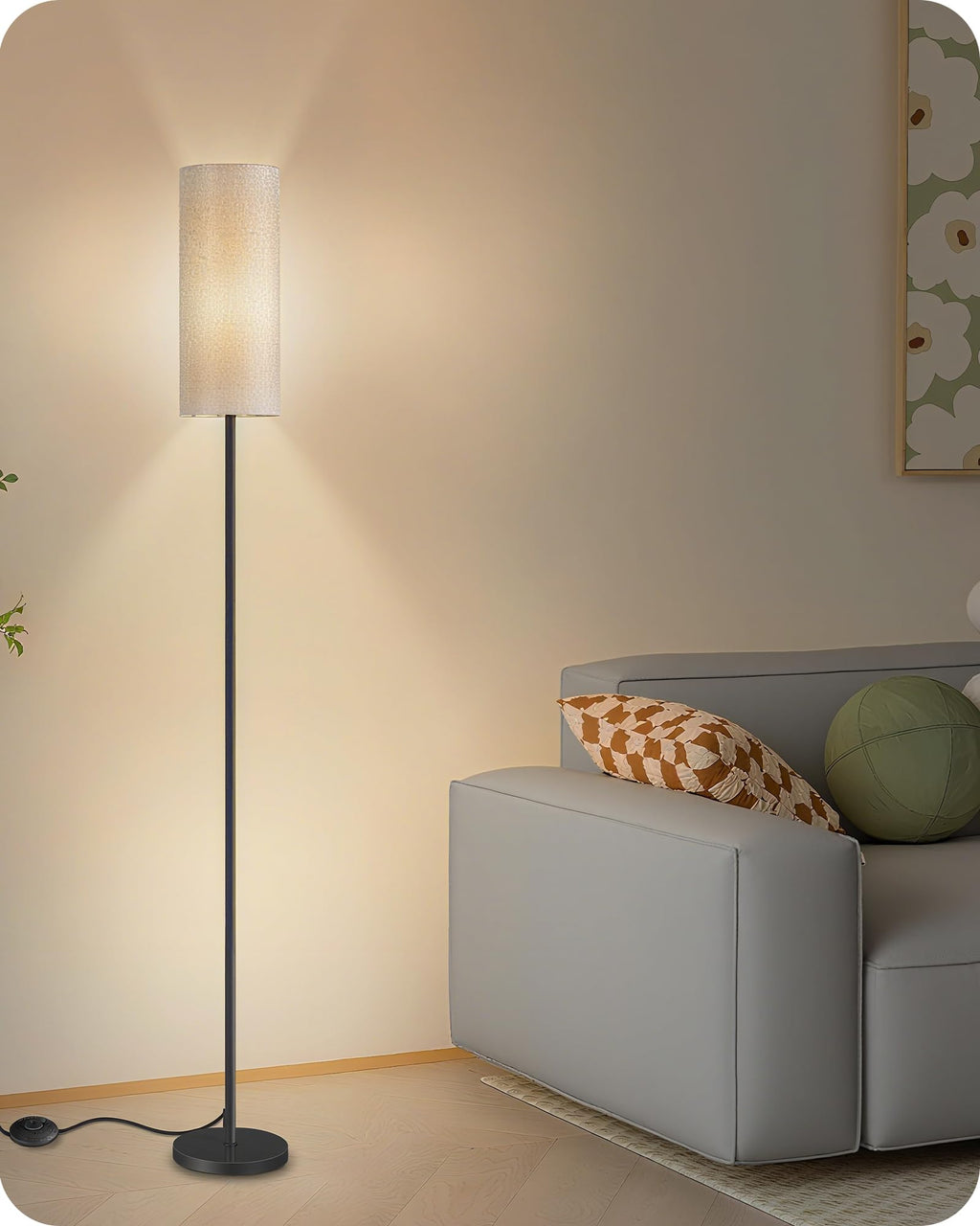 2 Pack Floor Lamp, Pole Lamp with Foot Switch, Modern Standing Lamp Lampshade, Minimalist Freestanding Lamp (Bulb Not Included), for Living Room, Bedroom Office, Black and Beige E07LDP205