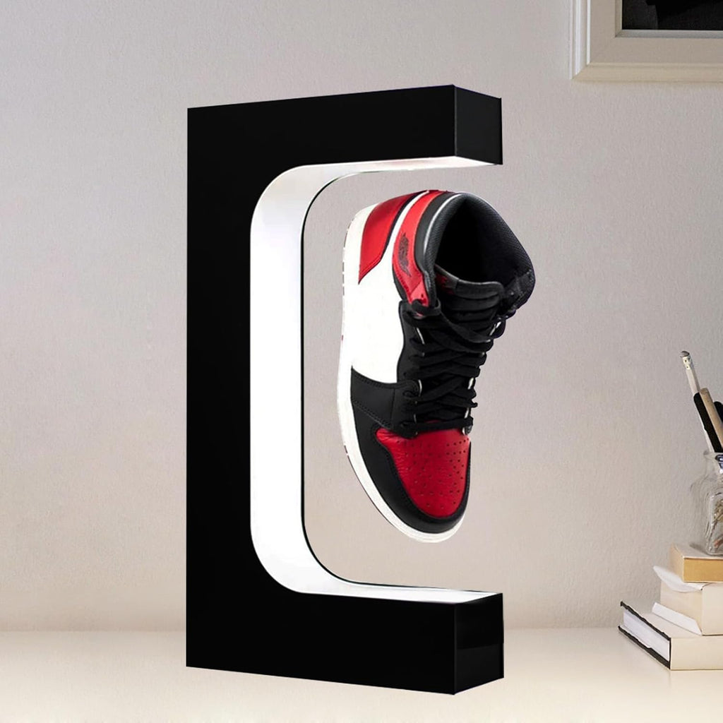 Floating Shoe Display Magnetic Levitating Sneaker Stand Holder Rotation Acrylic Rack with LED Light for Gift Advertising Exhibition Storefront shop up to Size 13 Big Shoes (Black Without Shoe)