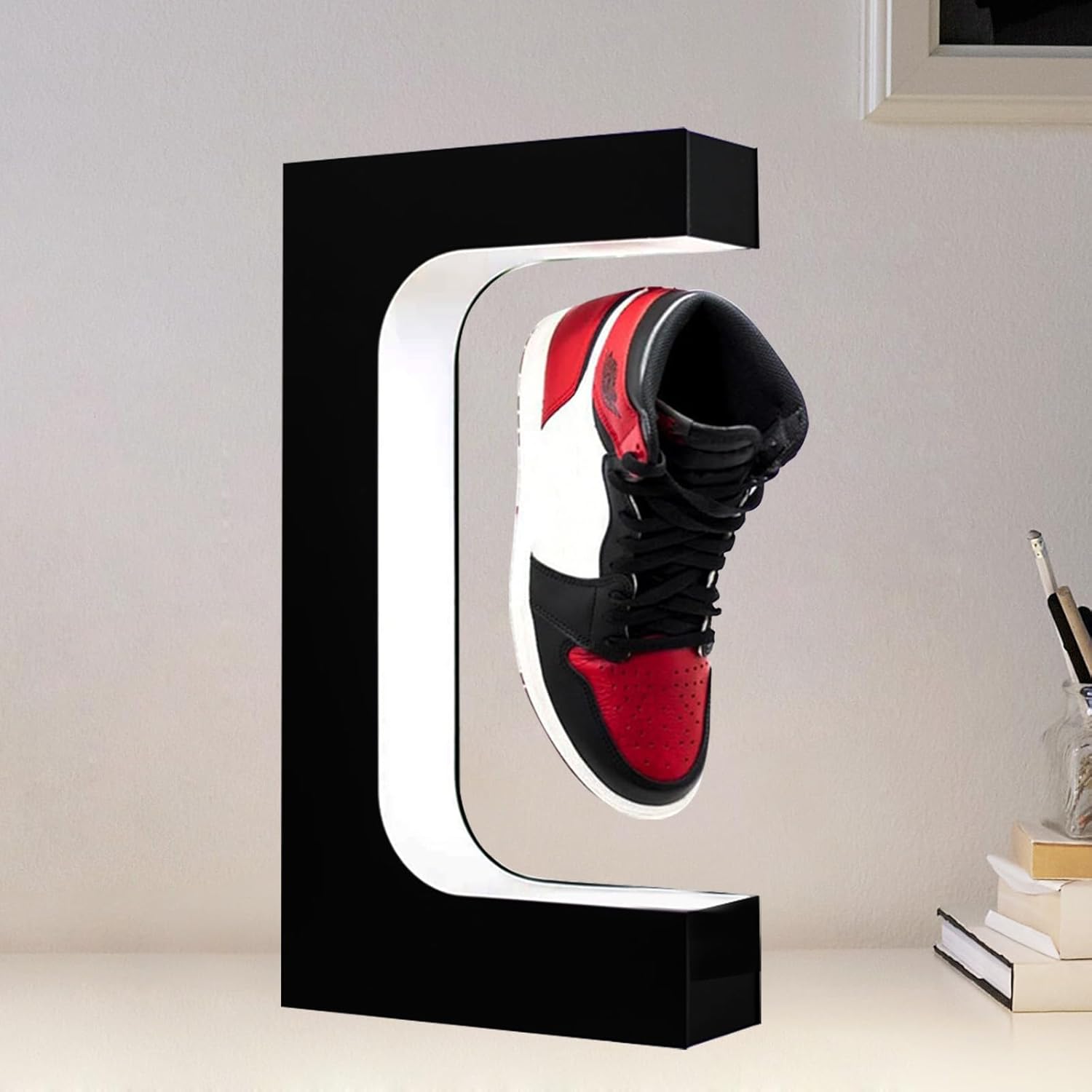 Floating Shoe Display Magnetic Levitating Sneaker Stand Holder Rotation Acrylic Rack with LED Light for Gift Advertising Exhibition Storefront shop up to Size 13 Big Shoes (Black Without Shoe)
