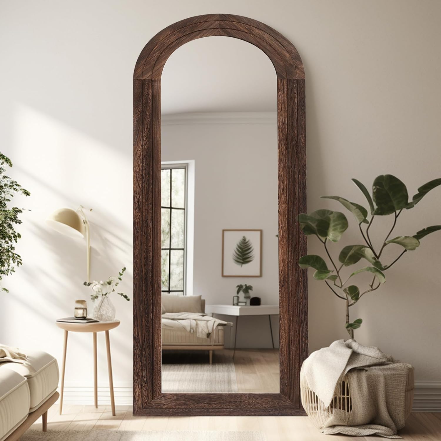 ZHUNFA Arched Full Length Mirror with Solid Wood Frame, 71x32 Farmhouse Wall Mounted Floor Mirror with Stand, Vertical Hanging, Leaning Standing for Bedroom, Living Room, Brown