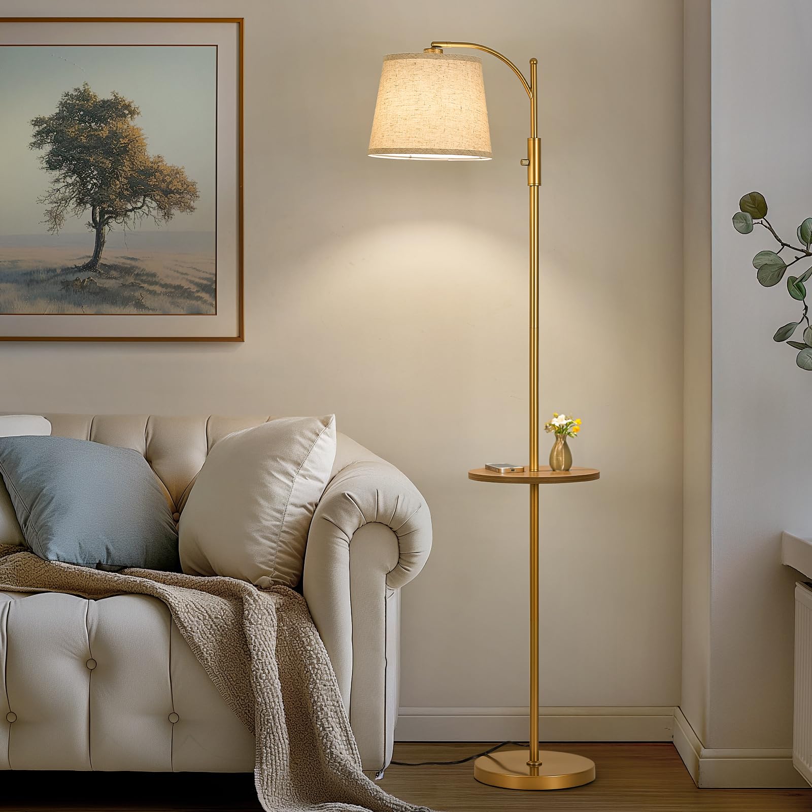 AIDENOEY Fully Dimmable Floor Lamp for Living Room，Standing Lamp Rotary Switch with Table&Linen Beige Shade，Golden Tall Lamps for Bedroom with Adjust Head，9W LED Bulb Included