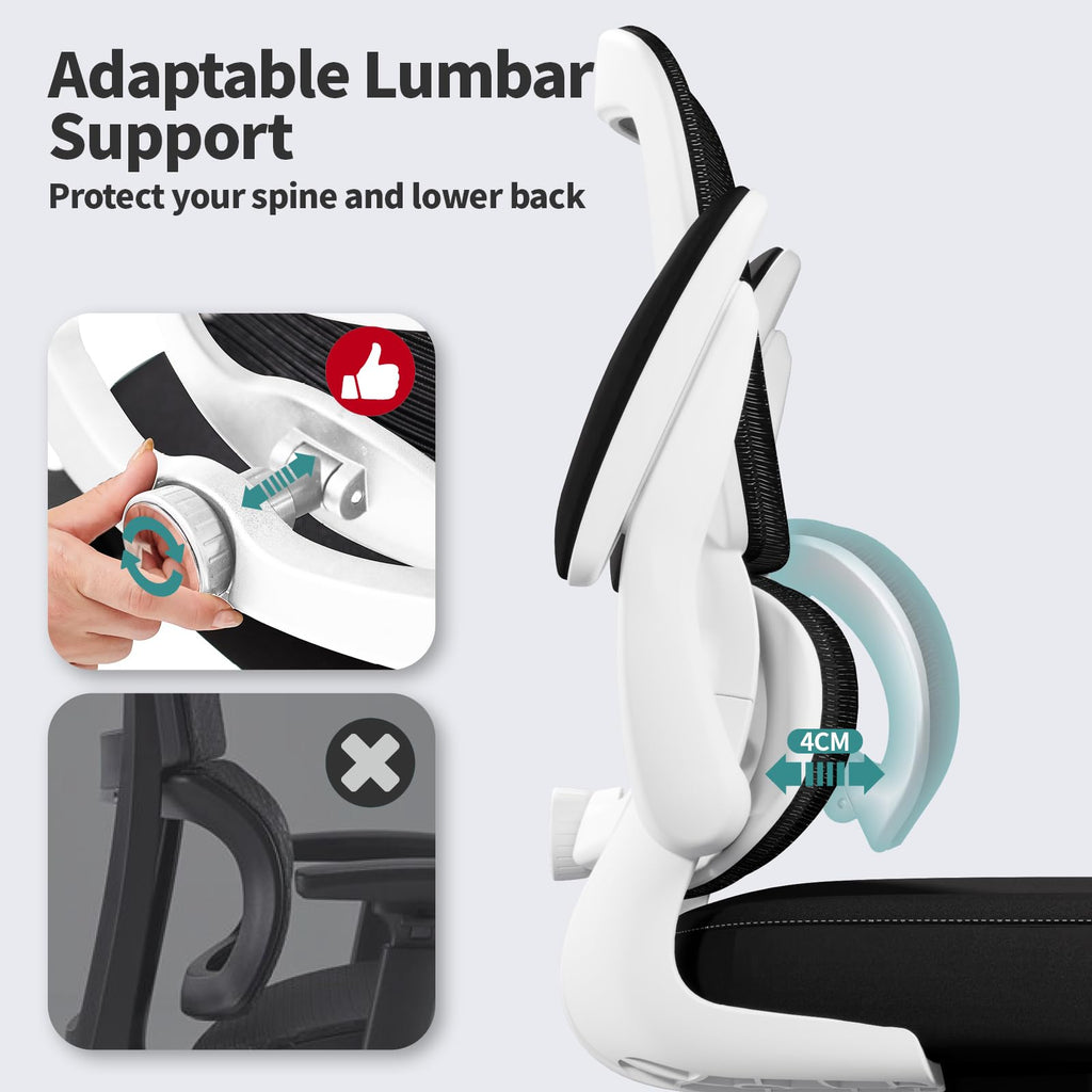TRALT Office Chair - Ergonomic Desk Chair with Adjustable Lumbar Support, Mesh Computer Chair, Executive Chairs for Home Office Comfortable Lumbar Support (White)