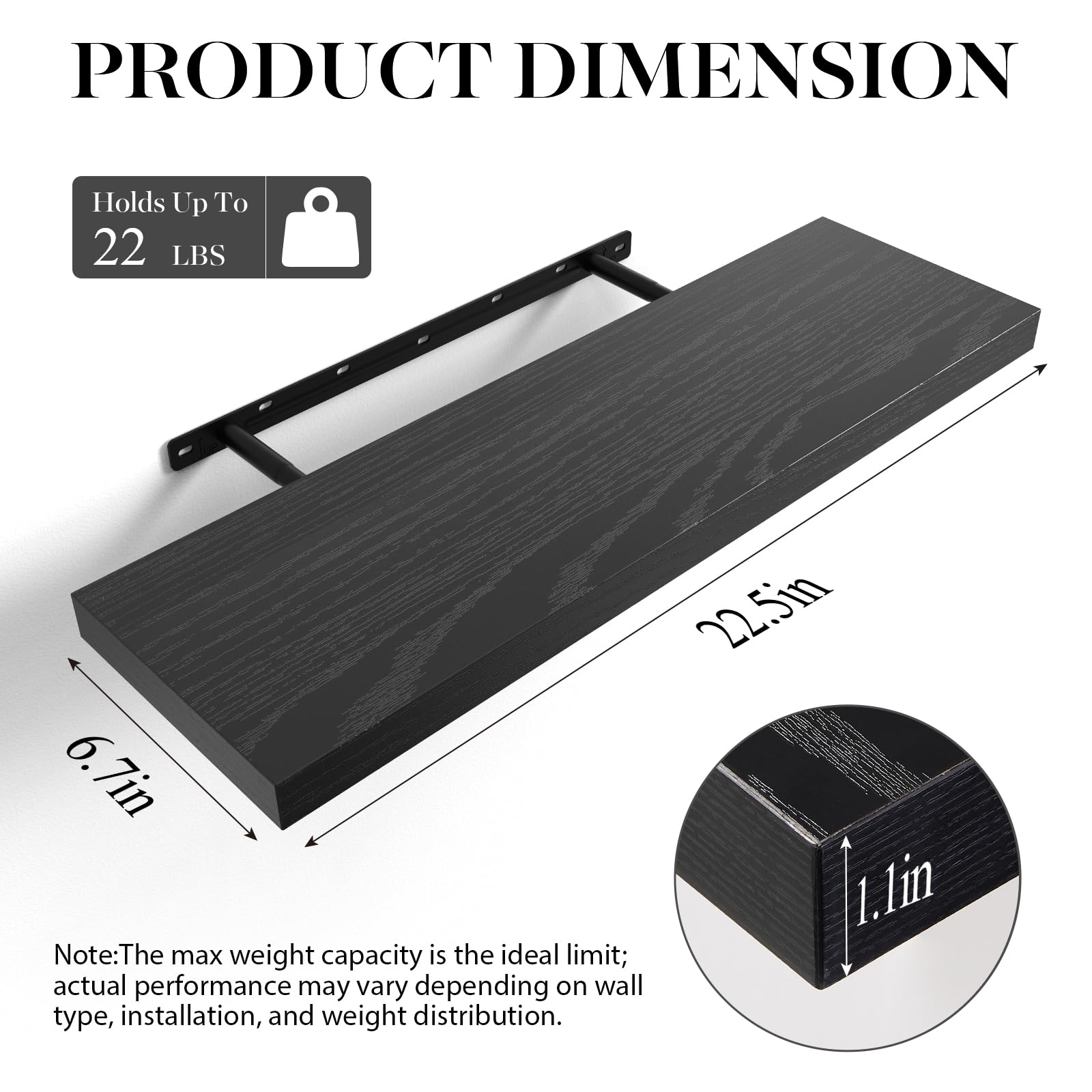 BAYKA Floating Shelves for Wall, Wall Mounted Rustic Wood Shelves for Bathroom, Bedroom, Living Room, Kitchen, Hanging Shelf for Books/Storage/Room Decor with 22lbs Capacity (Black, Set of 3, 15.7in)