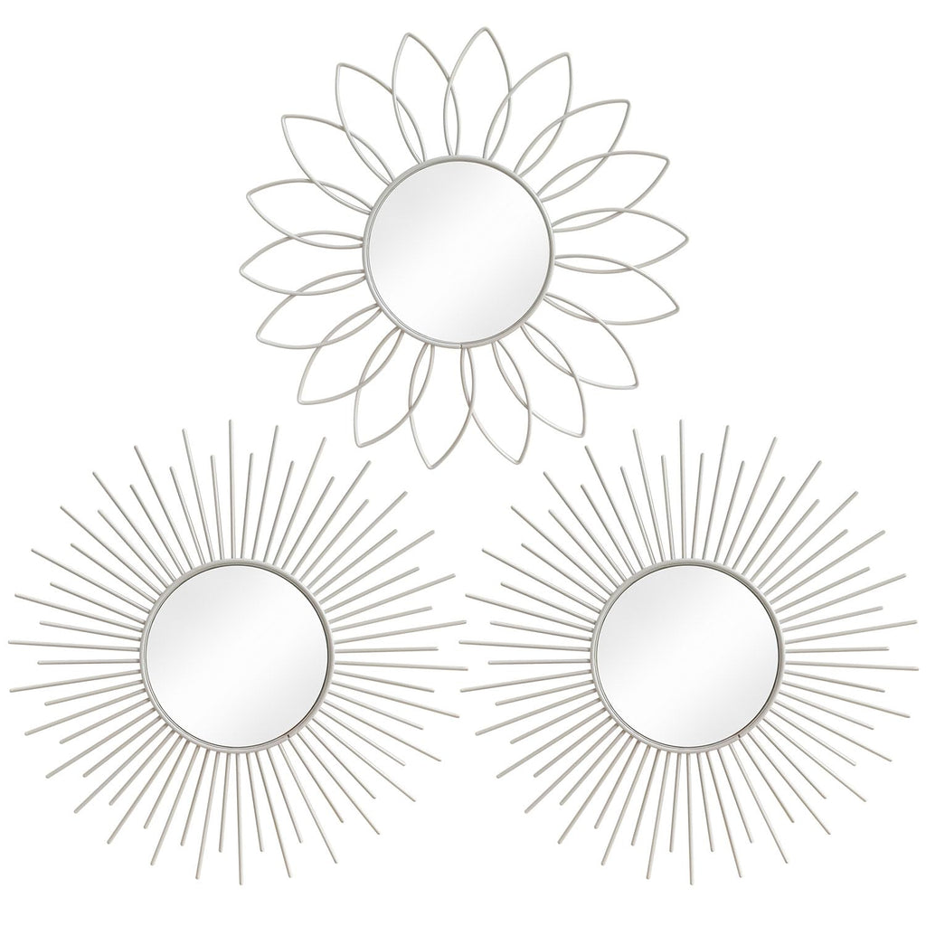 3 Pack Metal Mirrors for Wall Sunburst Wall Mirrors Home Décor Decorative Hanging Wall Art for Living Room Bedroom Entryway (Gold, Flower+Sunburst)