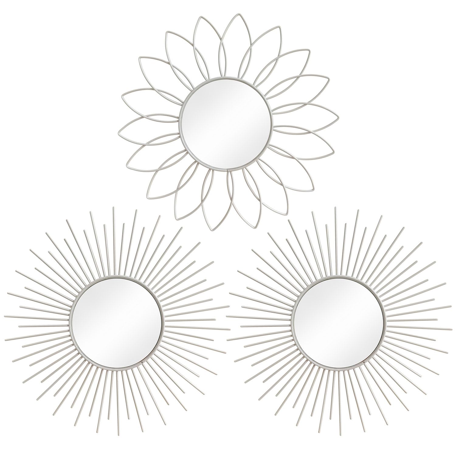 3 Pack Metal Mirrors for Wall Sunburst Wall Mirrors Home Décor Decorative Hanging Wall Art for Living Room Bedroom Entryway (Gold, Flower+Sunburst)