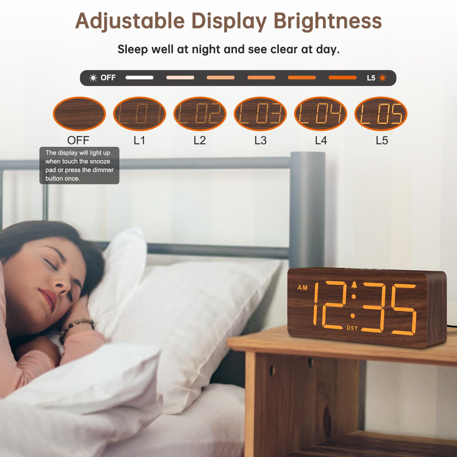 DreamSky Wooden Digital Alarm Clock for Bedroom - Desk Clock for Living Room with Large Numbers, Dimmer, Loud Alarm for Heavy Sleepers with Volume Control, DST, Office Wood Decor (Plug in Clock)