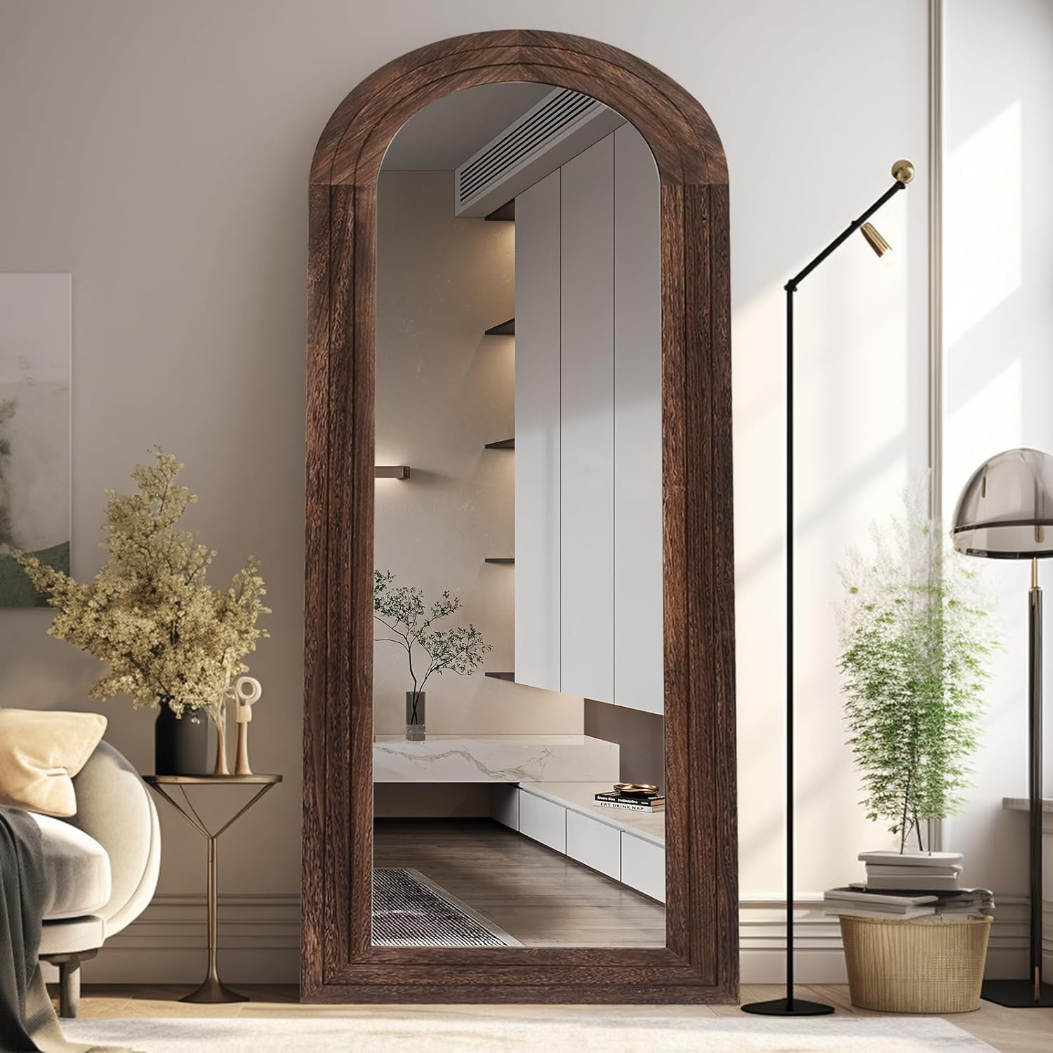 ZHUNFA Arched Full Length Mirror with Solid Wood Frame, 71x32 Farmhouse Wall Mounted Floor Mirror with Stand, Vertical Hanging, Leaning Standing for Bedroom, Living Room, Brown