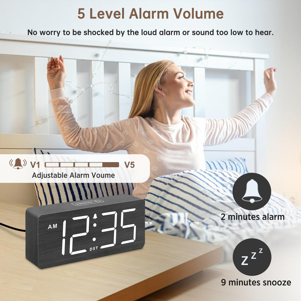 DreamSky Wooden Digital Alarm Clock for Bedroom - Desk Clock for Living Room with Large Numbers, Dimmer, Loud Alarm for Heavy Sleepers with Volume Control, DST, Office Wood Decor (Plug in Clock)