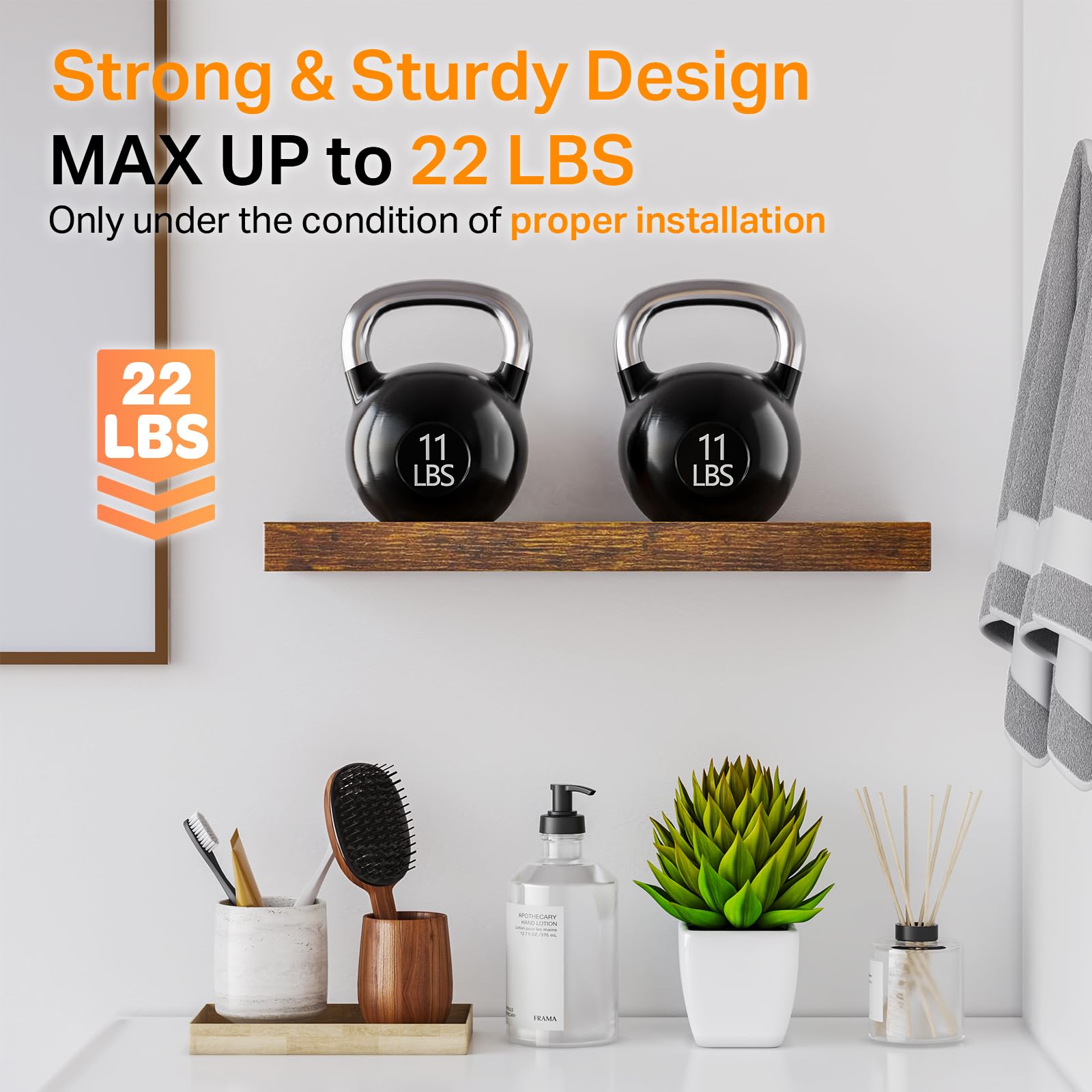 BAYKA Floating Shelves for Wall, Wall Mounted Rustic Wood Shelves for Bathroom, Bedroom, Living Room, Kitchen, Hanging Shelf for Books/Storage/Room Decor with 22lbs Capacity (Black, Set of 3, 15.7in)