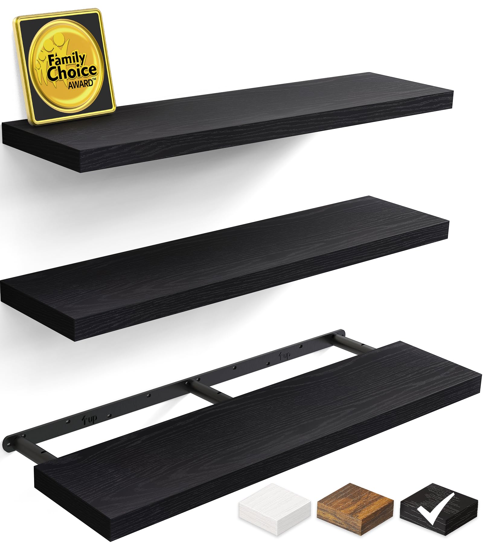 BAYKA Floating Shelves for Wall, Wall Mounted Rustic Wood Shelves for Bathroom, Bedroom, Living Room, Kitchen, Hanging Shelf for Books/Storage/Room Decor with 22lbs Capacity (Black, Set of 3, 15.7in)