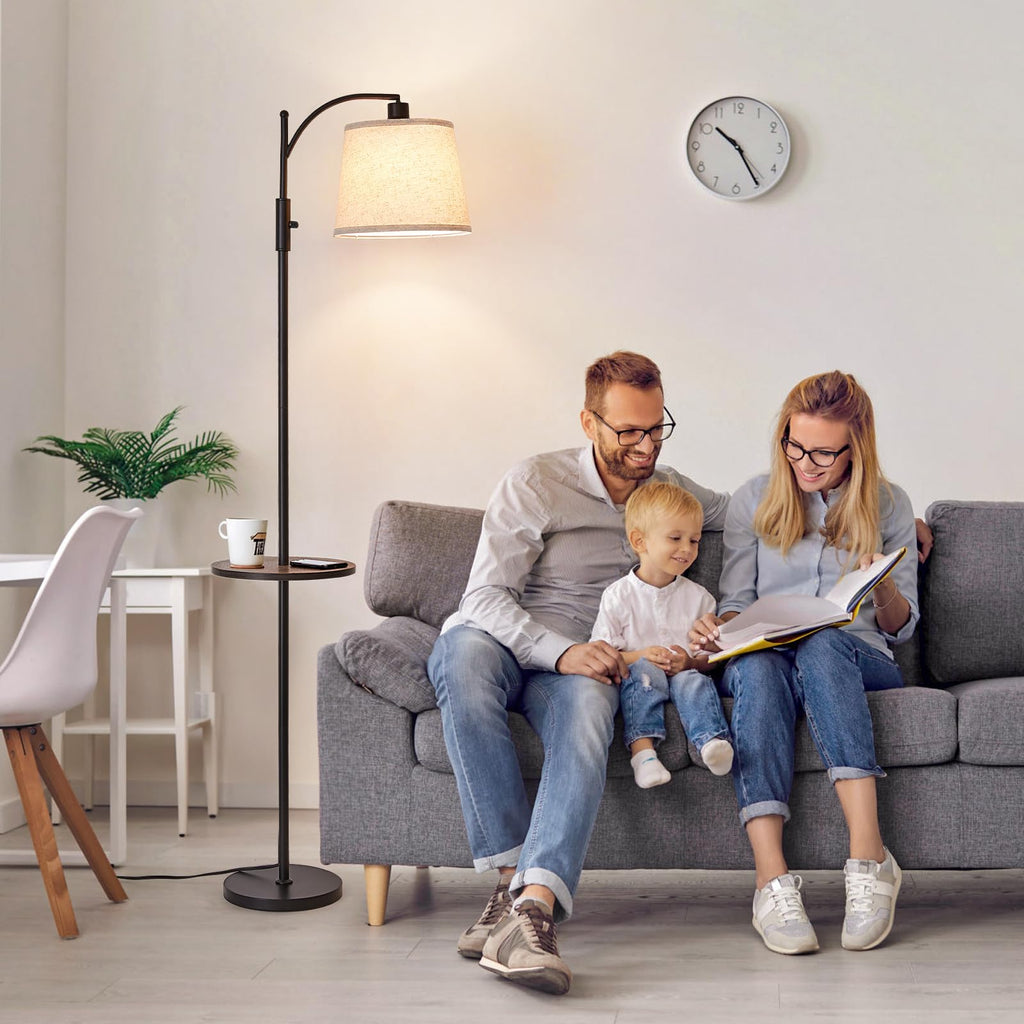 AIDENOEY Fully Dimmable Floor Lamp for Living Room，Standing Lamp Rotary Switch with Table&Linen Beige Shade，Golden Tall Lamps for Bedroom with Adjust Head，9W LED Bulb Included