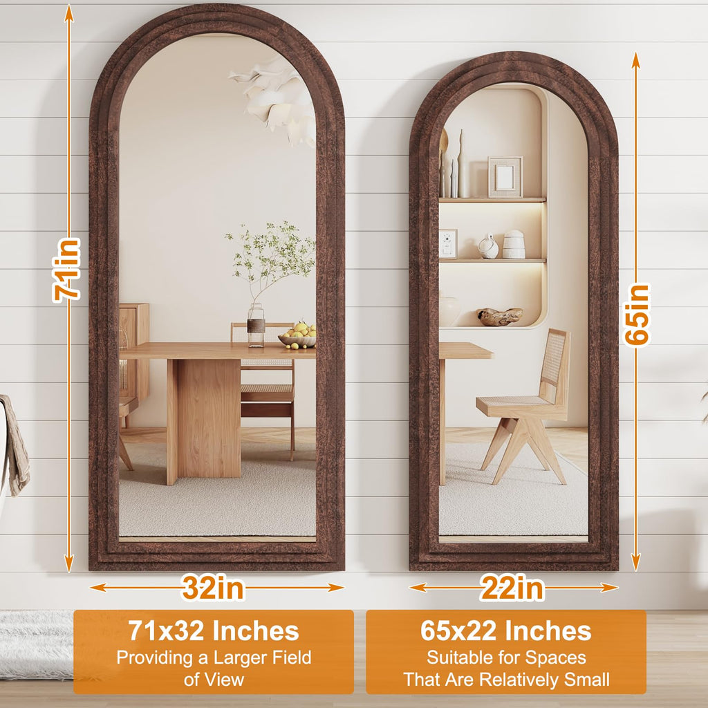 ZHUNFA Arched Full Length Mirror with Solid Wood Frame, 71x32 Farmhouse Wall Mounted Floor Mirror with Stand, Vertical Hanging, Leaning Standing for Bedroom, Living Room, Brown