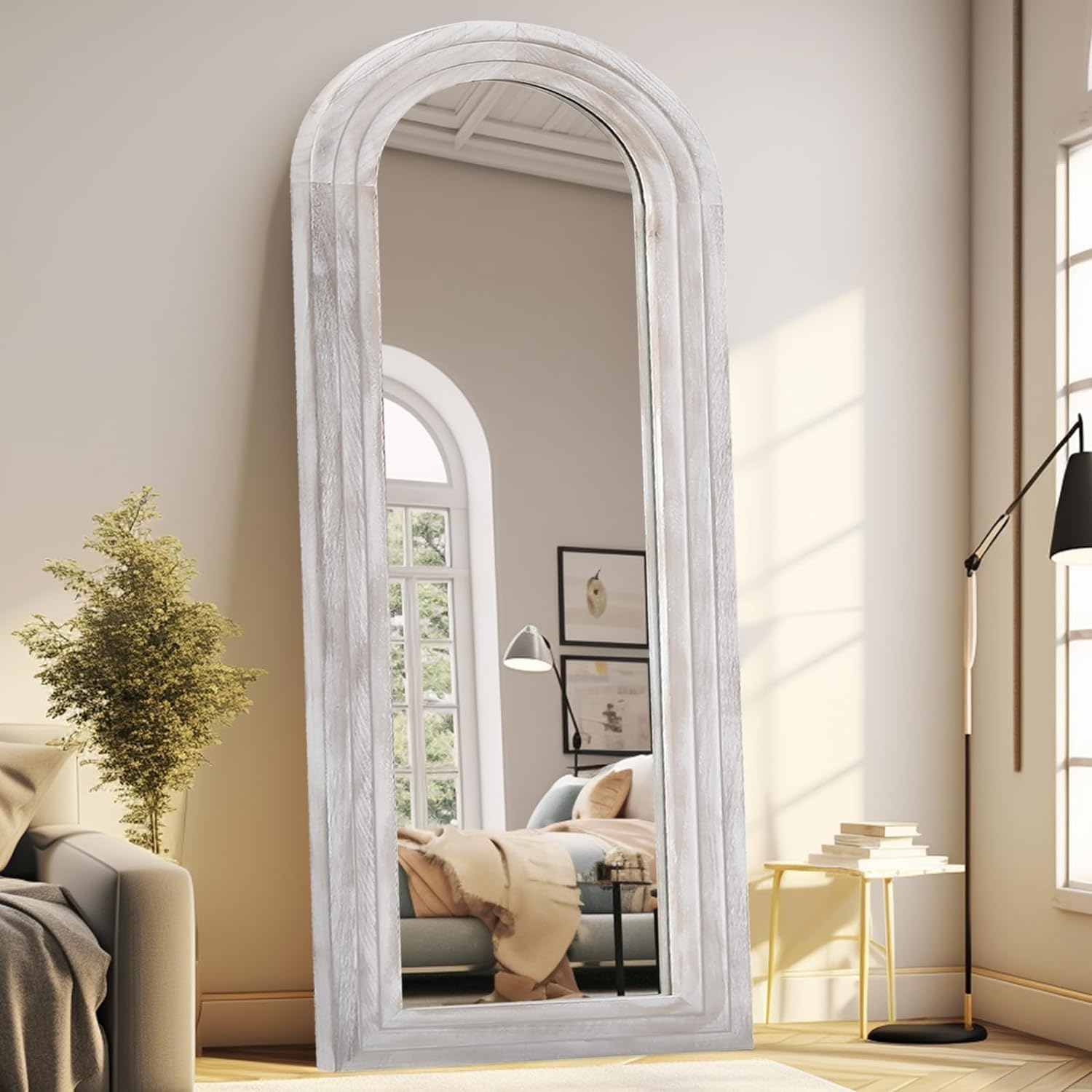 ZHUNFA Arched Full Length Mirror with Solid Wood Frame, 71x32 Farmhouse Wall Mounted Floor Mirror with Stand, Vertical Hanging, Leaning Standing for Bedroom, Living Room, Brown