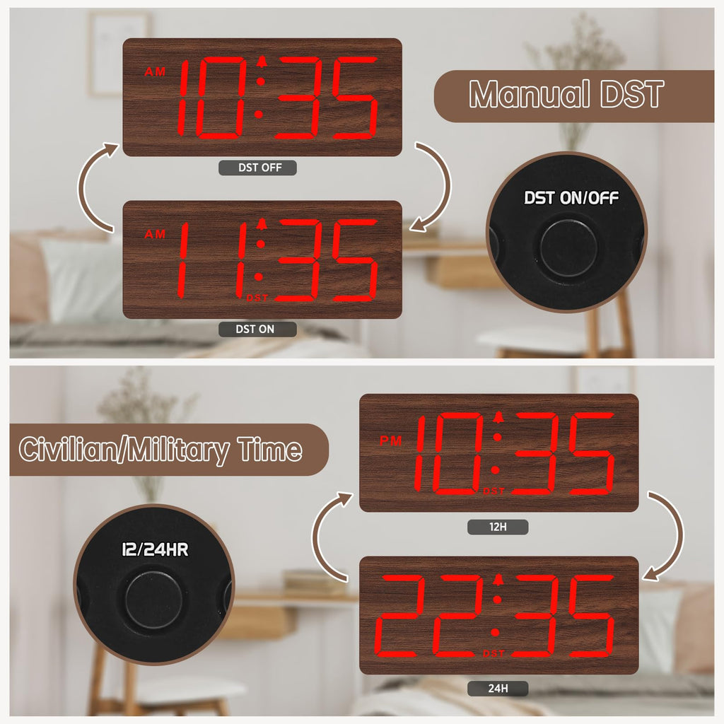 DreamSky Wooden Digital Alarm Clock for Bedroom - Desk Clock for Living Room with Large Numbers, Dimmer, Loud Alarm for Heavy Sleepers with Volume Control, DST, Office Wood Decor (Plug in Clock)