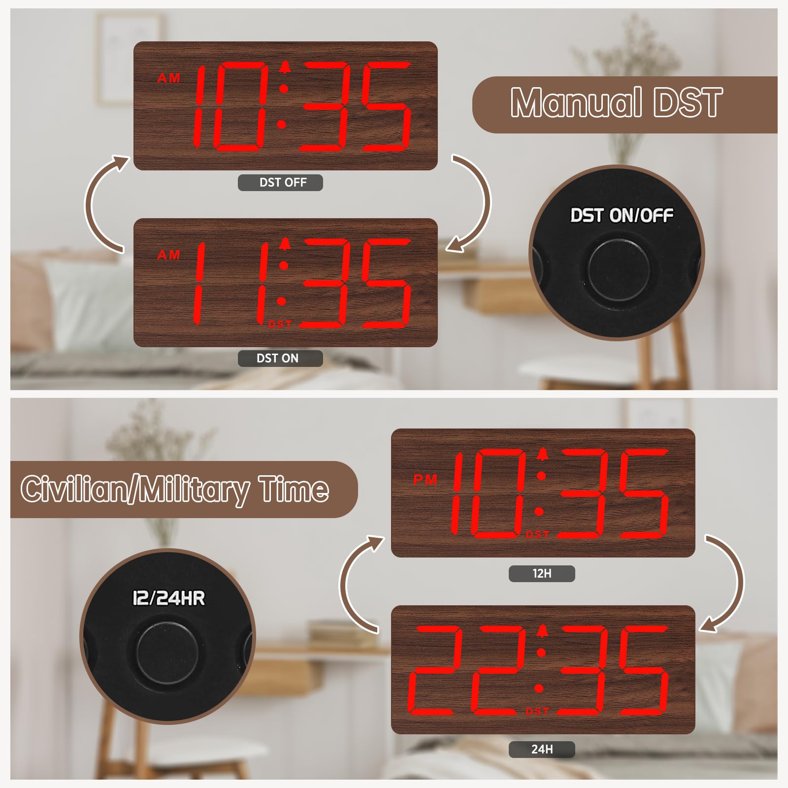 DreamSky Wooden Digital Alarm Clock for Bedroom - Desk Clock for Living Room with Large Numbers, Dimmer, Loud Alarm for Heavy Sleepers with Volume Control, DST, Office Wood Decor (Plug in Clock)