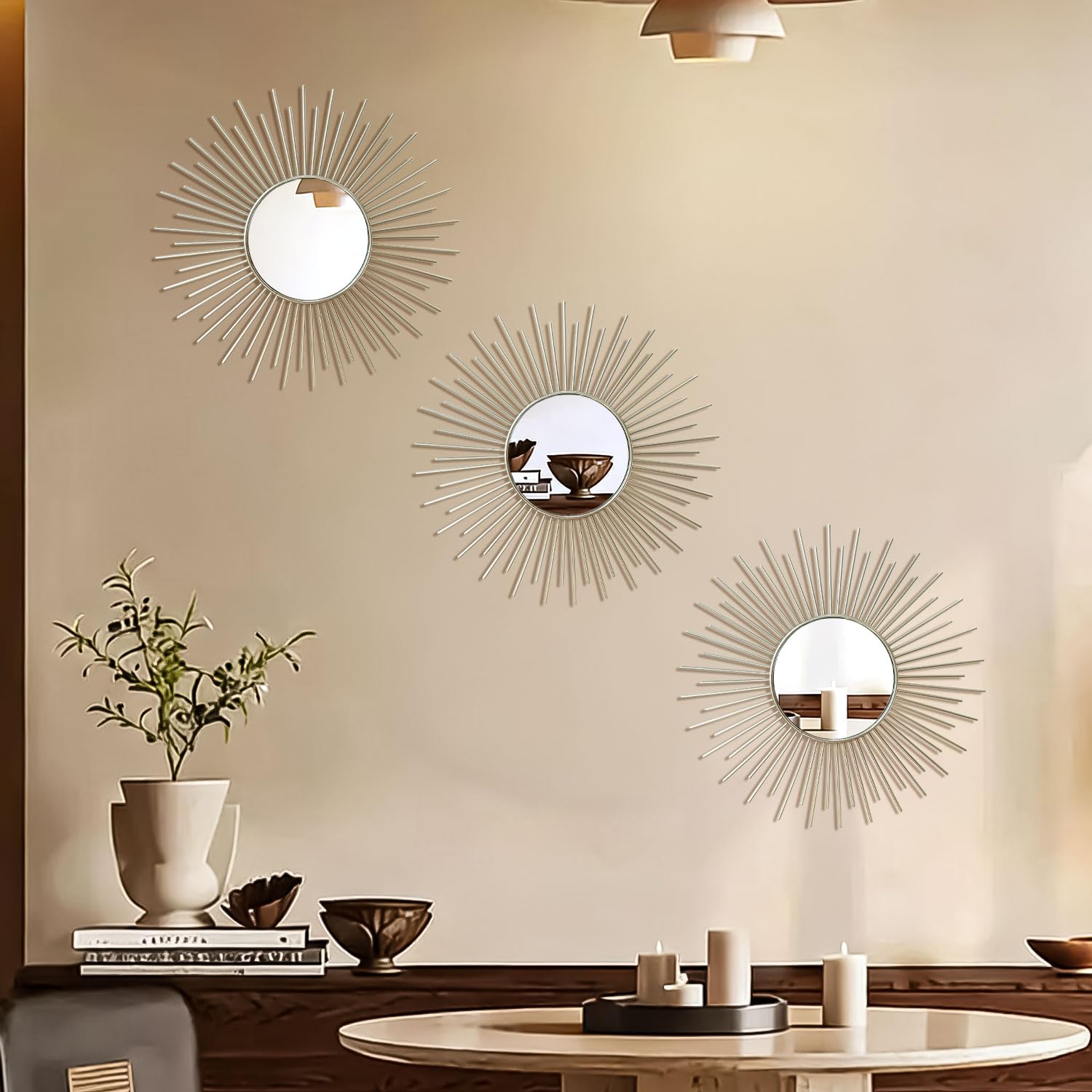 3 Pack Metal Mirrors for Wall Sunburst Wall Mirrors Home Décor Decorative Hanging Wall Art for Living Room Bedroom Entryway (Gold, Flower+Sunburst)