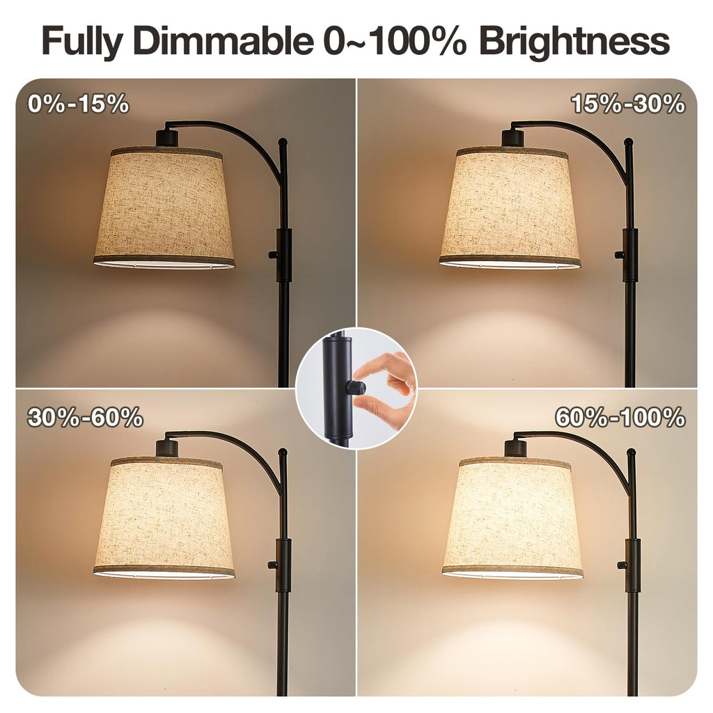 AIDENOEY Fully Dimmable Floor Lamp for Living Room，Standing Lamp Rotary Switch with Table&Linen Beige Shade，Golden Tall Lamps for Bedroom with Adjust Head，9W LED Bulb Included