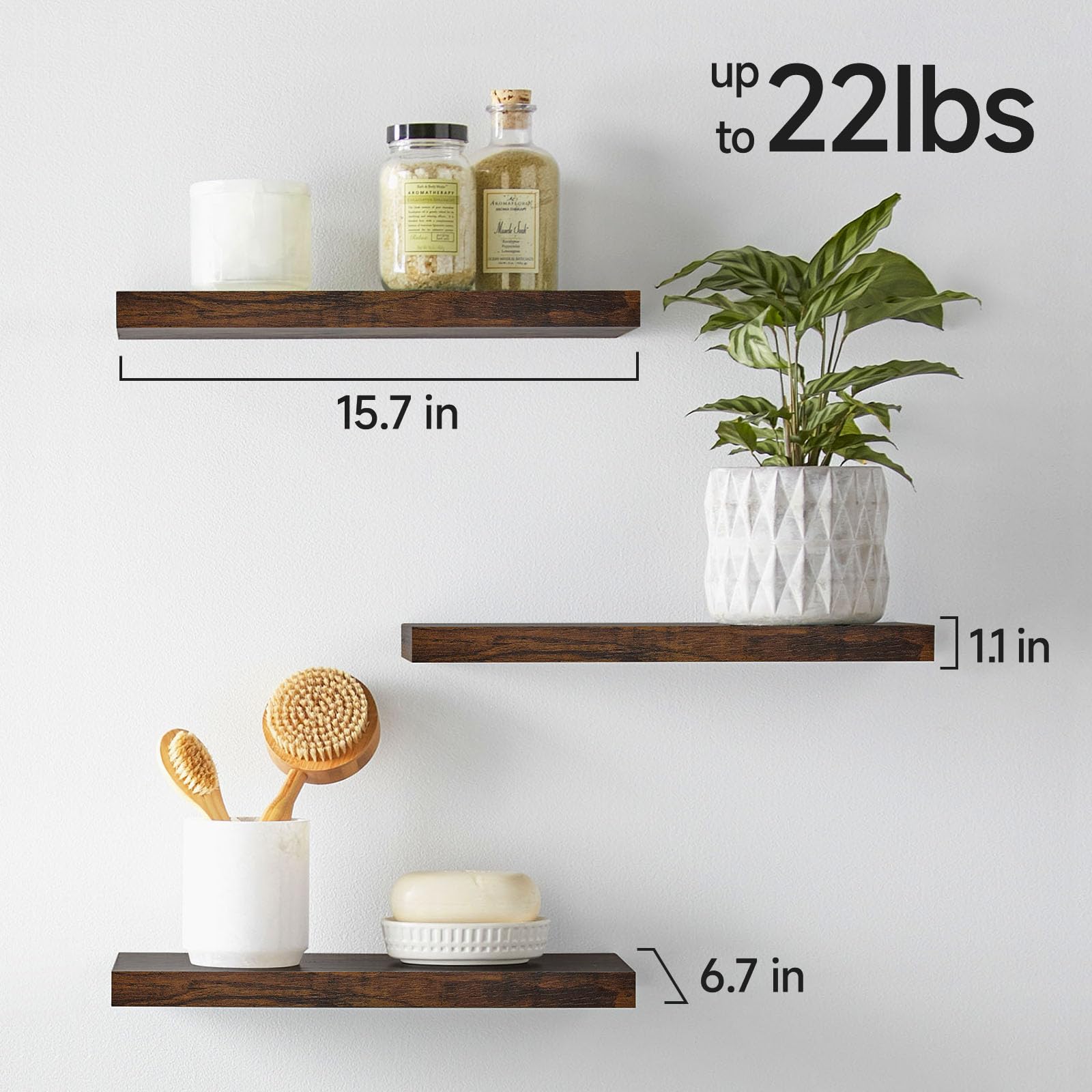 BAYKA Floating Shelves for Wall, Wall Mounted Rustic Wood Shelves for Bathroom, Bedroom, Living Room, Kitchen, Hanging Shelf for Books/Storage/Room Decor with 22lbs Capacity (Black, Set of 3, 15.7in)
