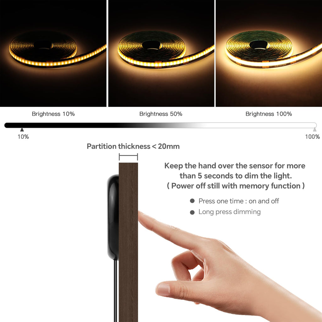 AIMENGTE 12V COB LED Cabinet Lights Black Strip, 6 x 3.3ft Touch Dimmable 3000K Lighting for Parallel Wood Slat Wall Panels, Display Cabinets, Wardrobes, Showcases, Shelves