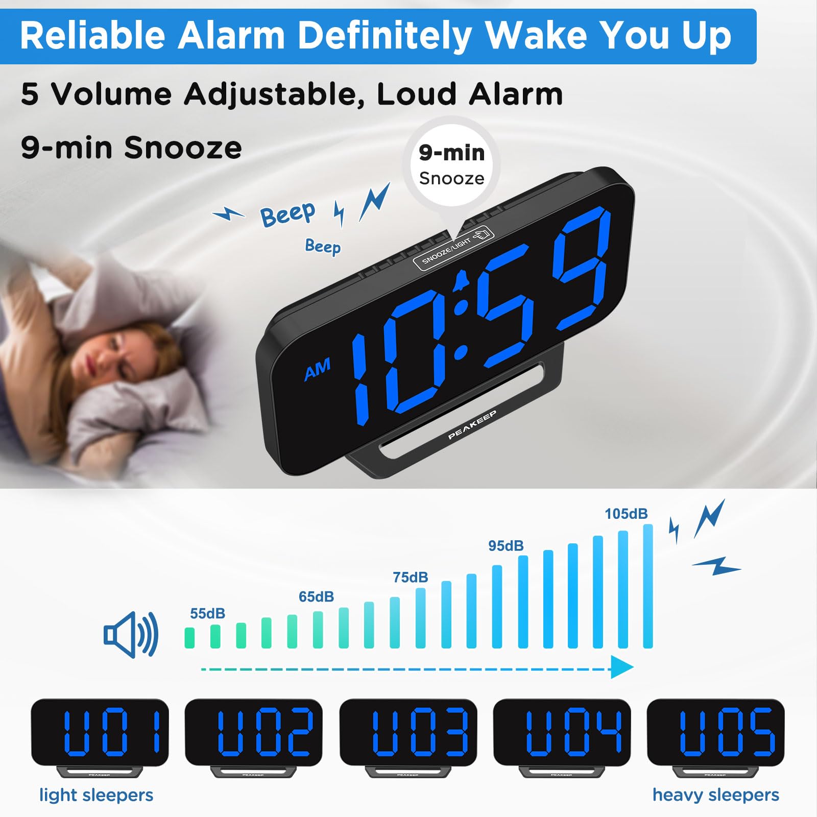 Peakeep Slim Digital Mirror Aesthetic Alarm Clock for Bedrooms Desk Decor - Plug in Electric Big LED Modern Small Clock for Office Living Room, Battery Backup, 6 Dimmers (Gold)